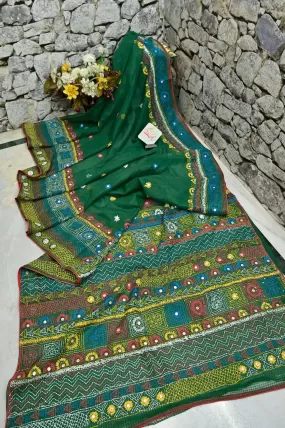 Bottle Green Color Resham Kota Saree with Hand Lambani and Mirror Work