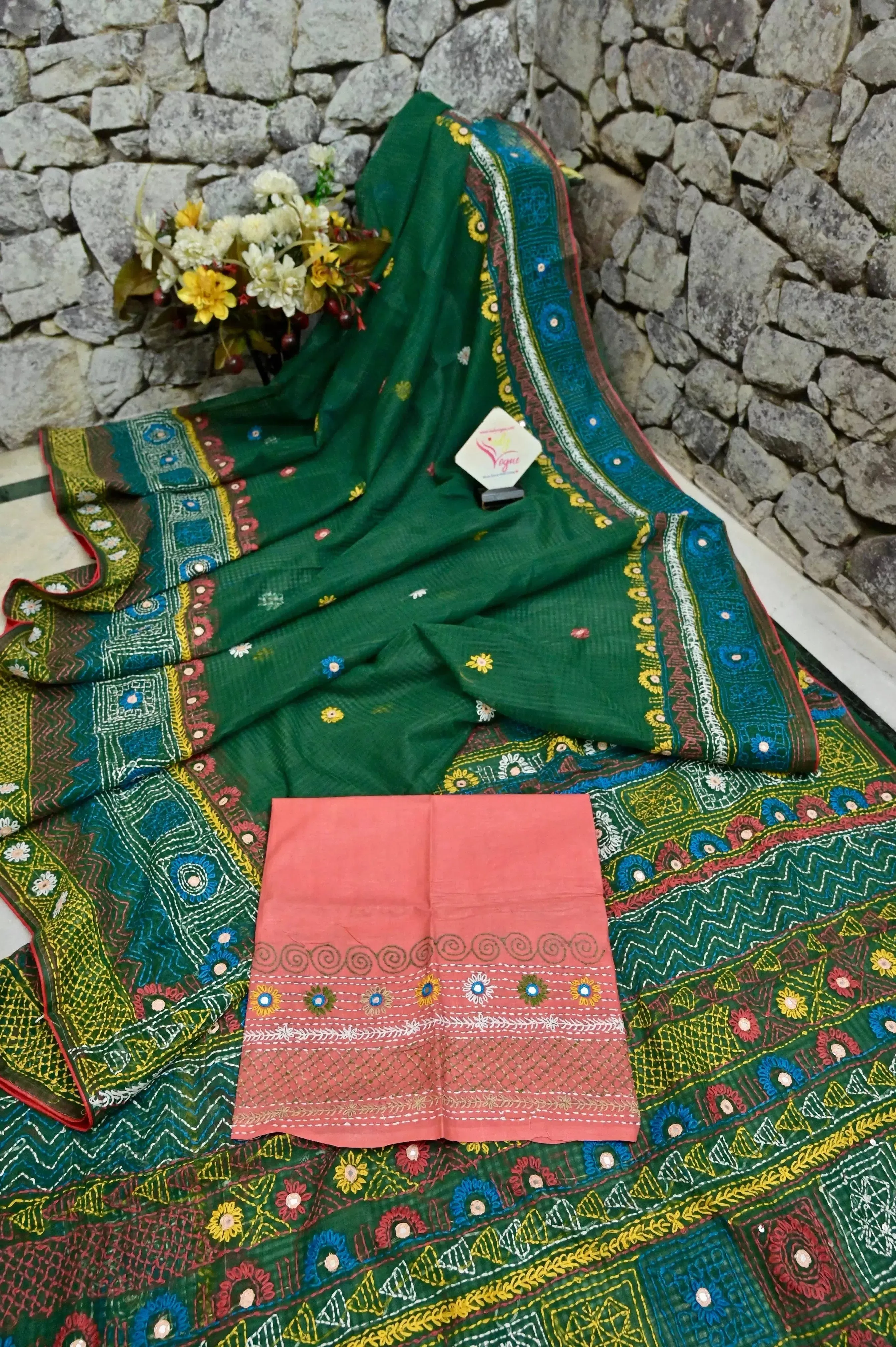 Bottle Green Color Resham Kota Saree with Hand Lambani and Mirror Work