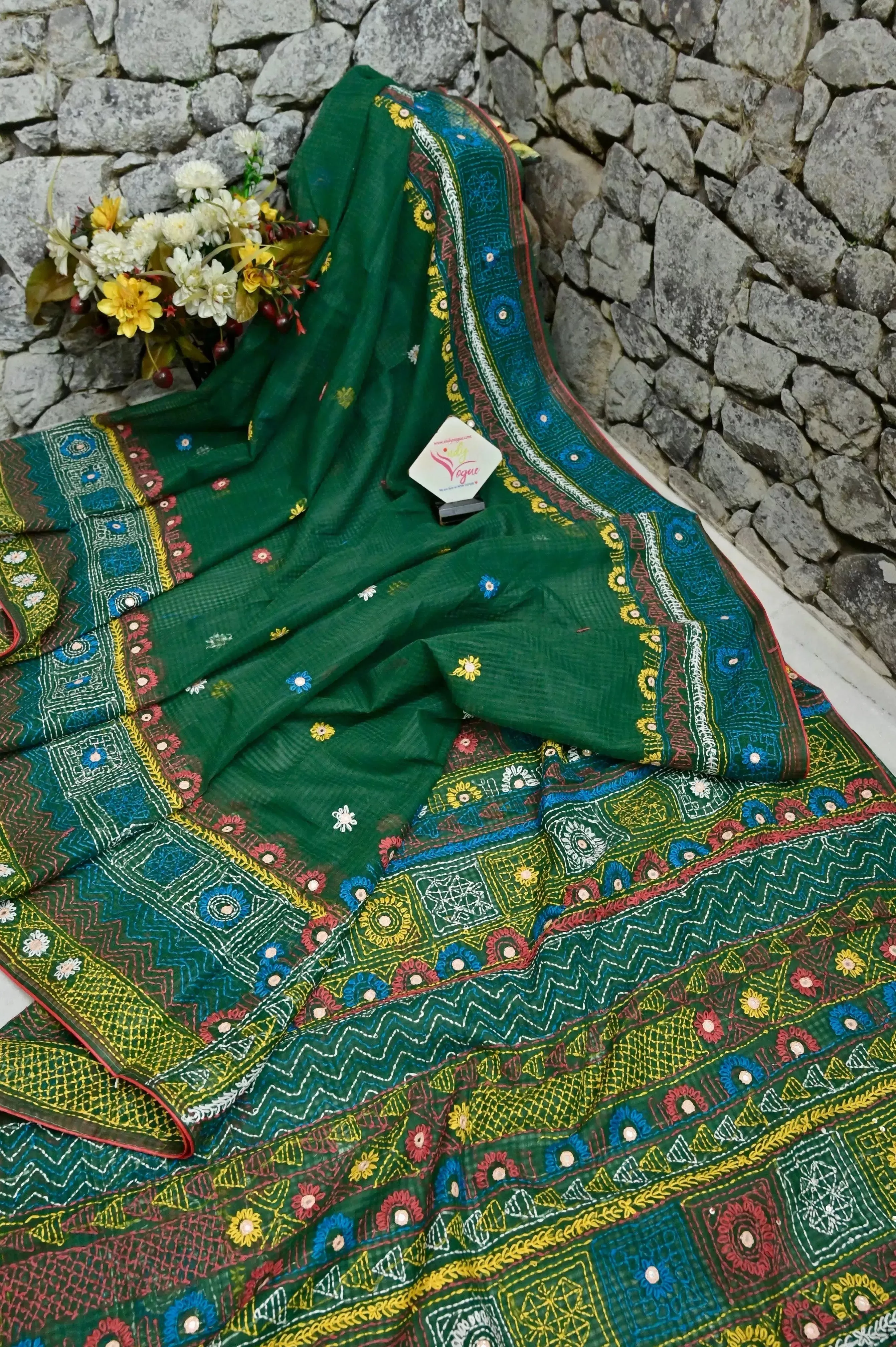 Bottle Green Color Resham Kota Saree with Hand Lambani and Mirror Work