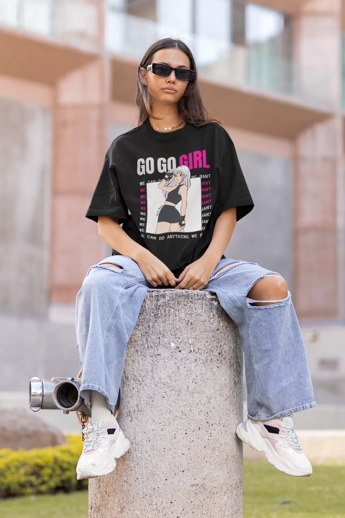 Boyfriend Fit Black Anime Print Women Cotton Tshirt - Go Go Girl