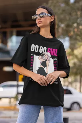 Boyfriend Fit Black Anime Print Women Cotton Tshirt - Go Go Girl