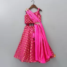 Brocade Pink Top With Drape Dupatta And Lehenga