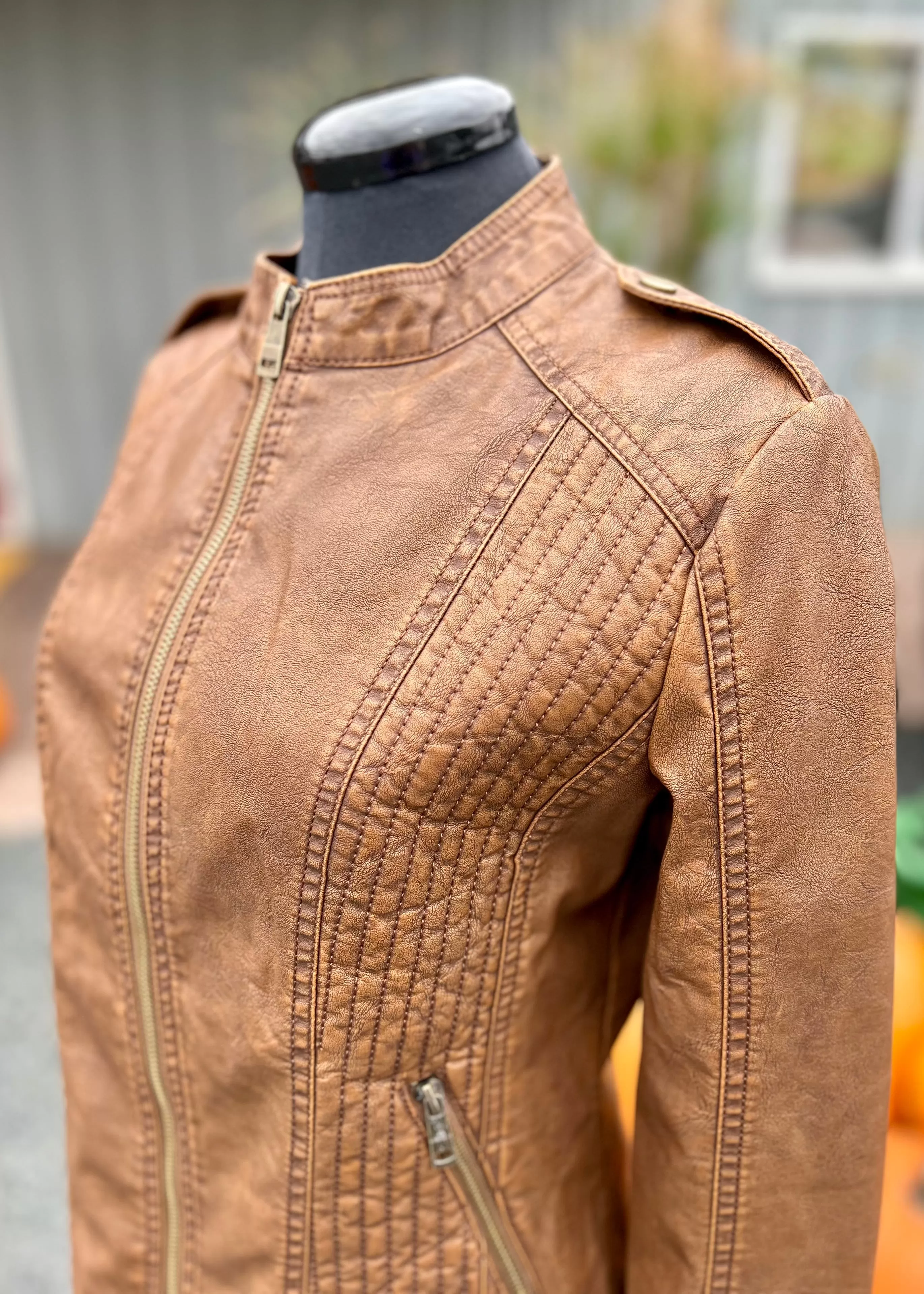 Brown Vegan Leather Moto Jacket