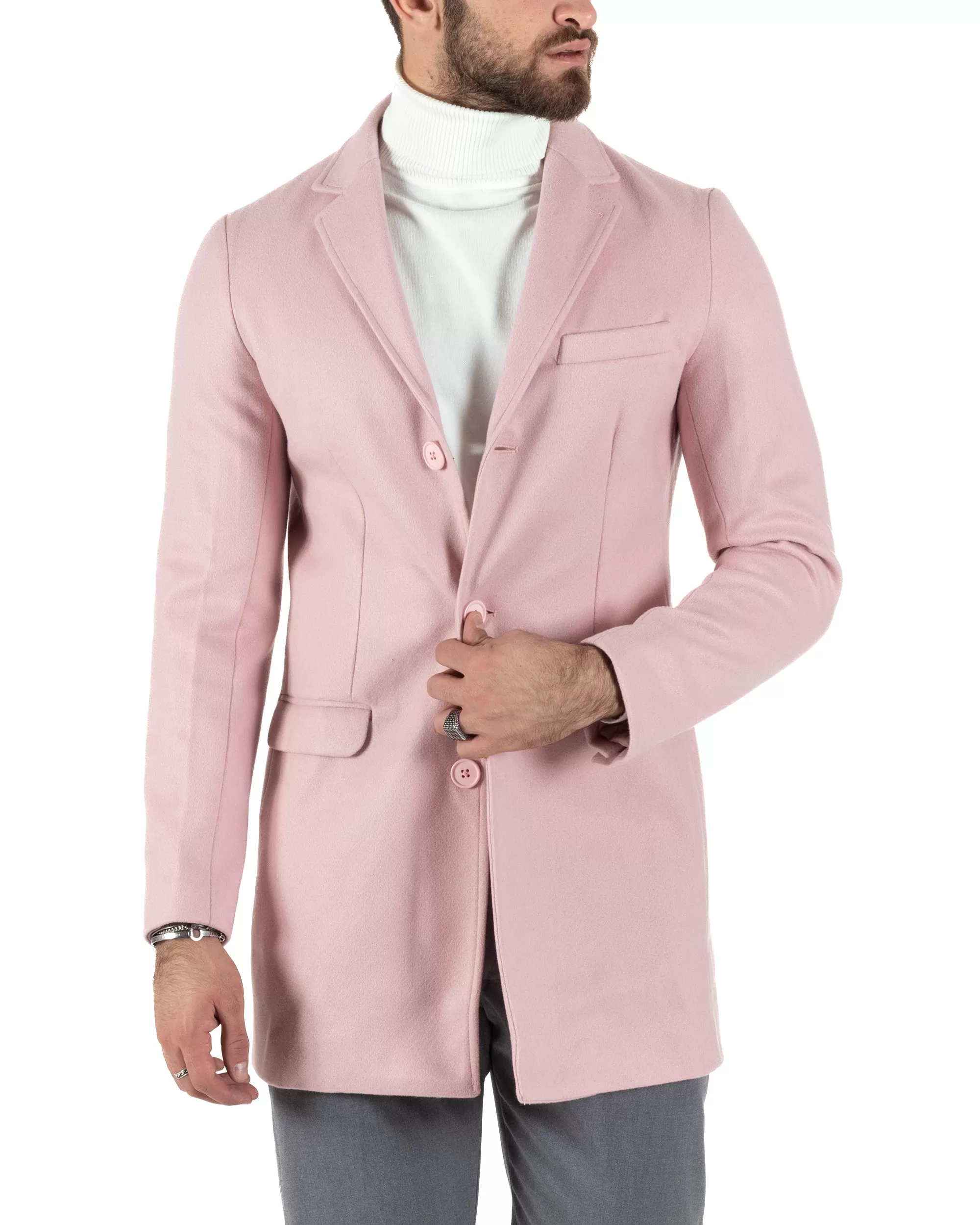 Cappotto Monopetto Uomo Giacca Colletto Reverse Giaccone Tinta Unita Rosa Baronetto Elegante GIOSAL-CO1020A