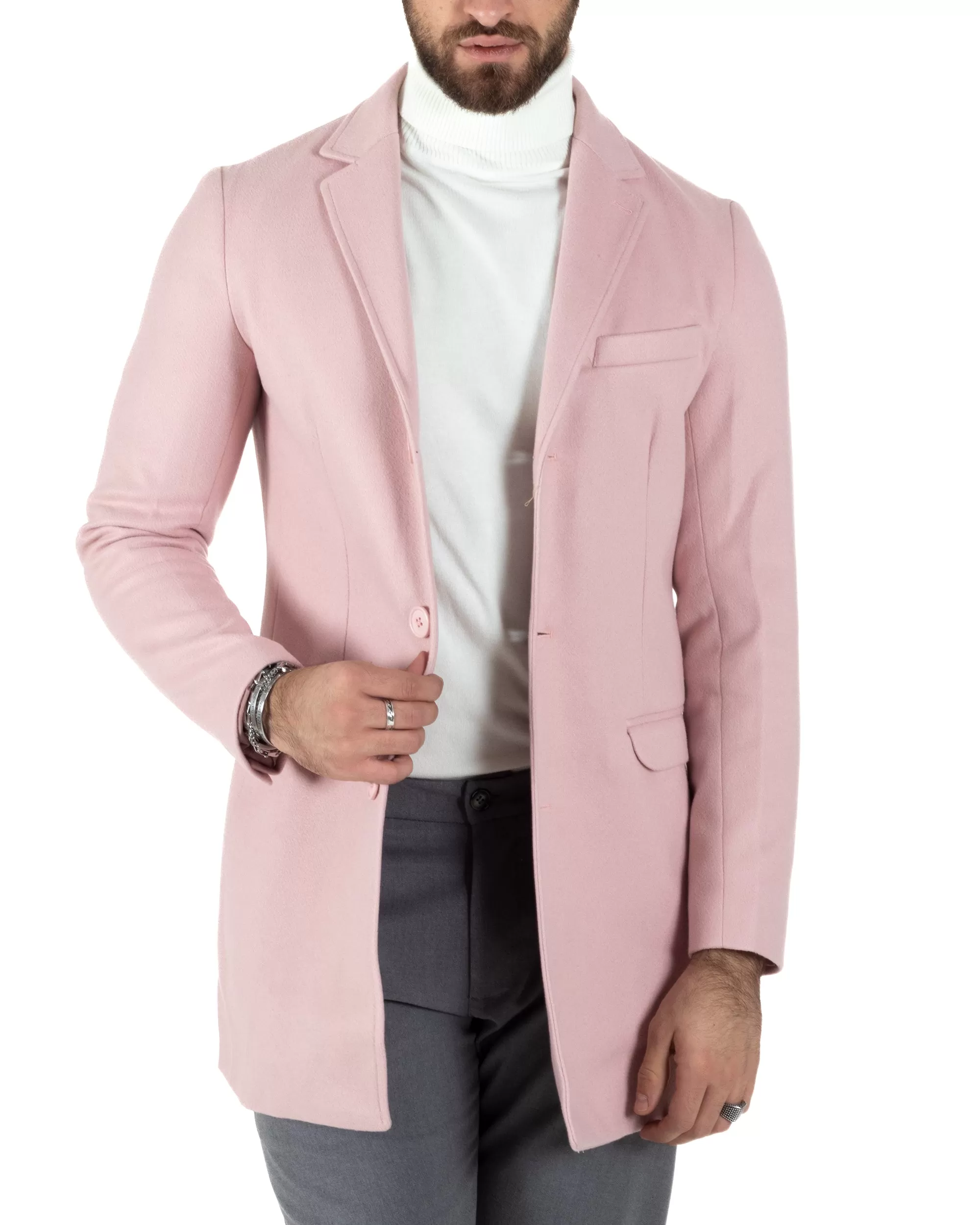 Cappotto Monopetto Uomo Giacca Colletto Reverse Giaccone Tinta Unita Rosa Baronetto Elegante GIOSAL-CO1020A