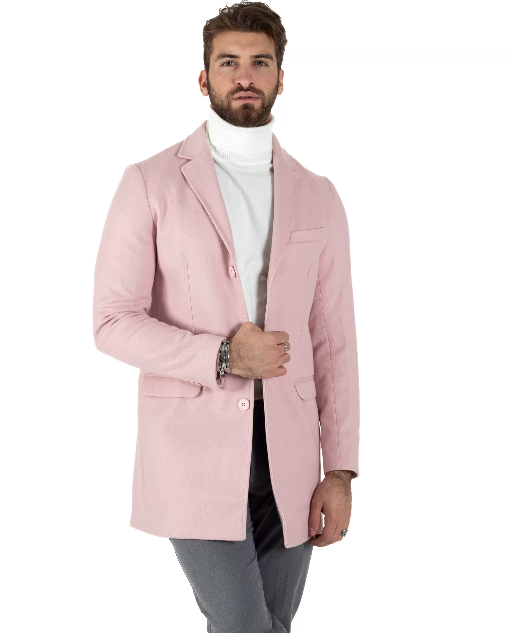 Cappotto Monopetto Uomo Giacca Colletto Reverse Giaccone Tinta Unita Rosa Baronetto Elegante GIOSAL-CO1020A