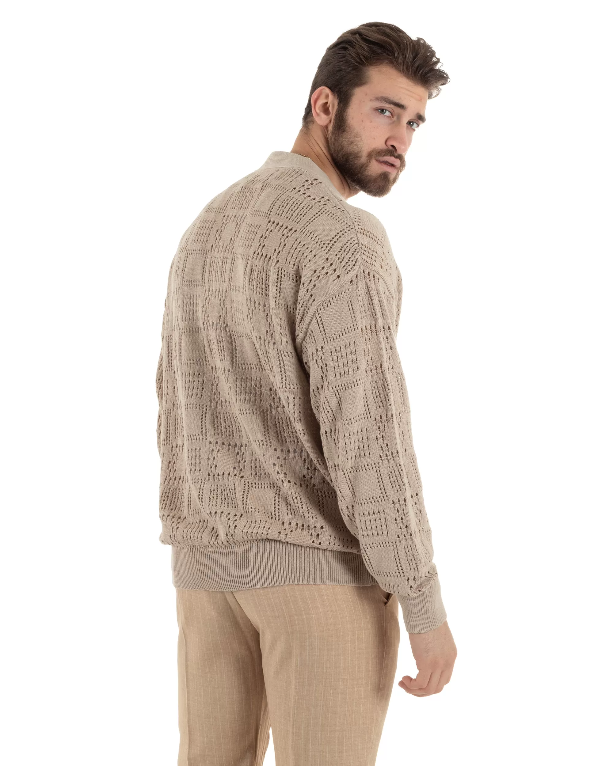 Cardigan Uomo Maglioncino Traforato Scollo V Maglia Bucata Giacca Con Bottoni Beige Casual GIOSAL-M2813A