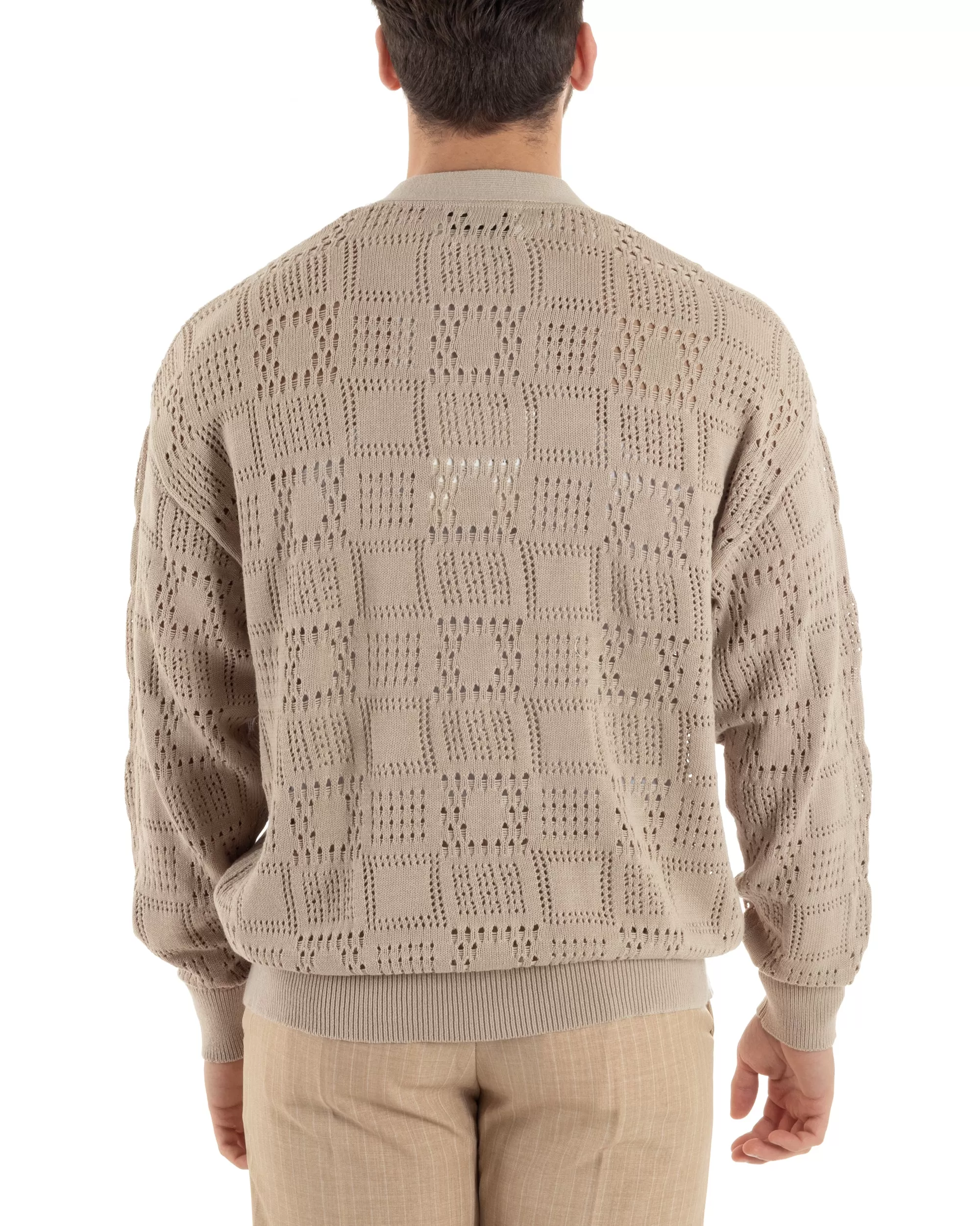 Cardigan Uomo Maglioncino Traforato Scollo V Maglia Bucata Giacca Con Bottoni Beige Casual GIOSAL-M2813A