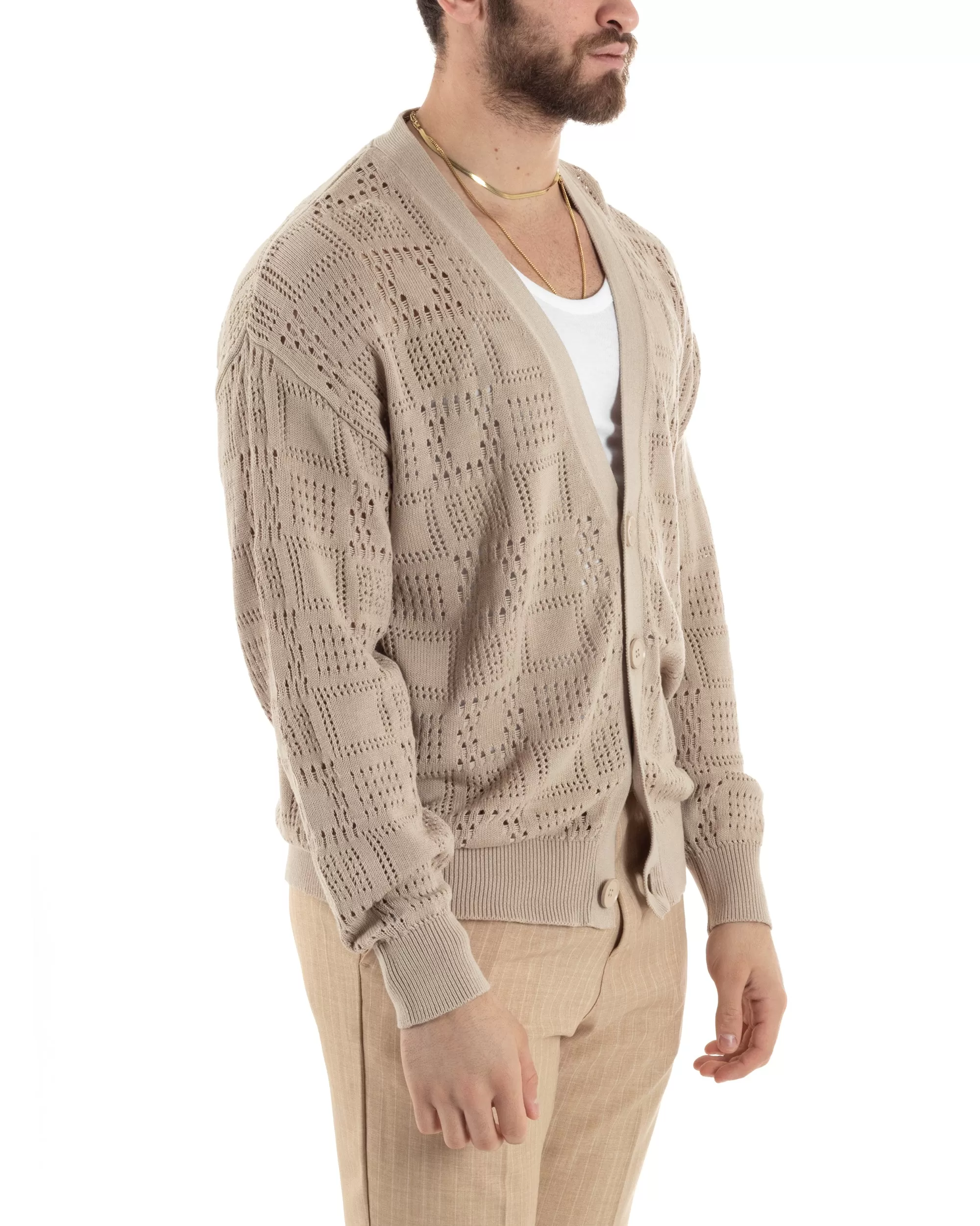 Cardigan Uomo Maglioncino Traforato Scollo V Maglia Bucata Giacca Con Bottoni Beige Casual GIOSAL-M2813A