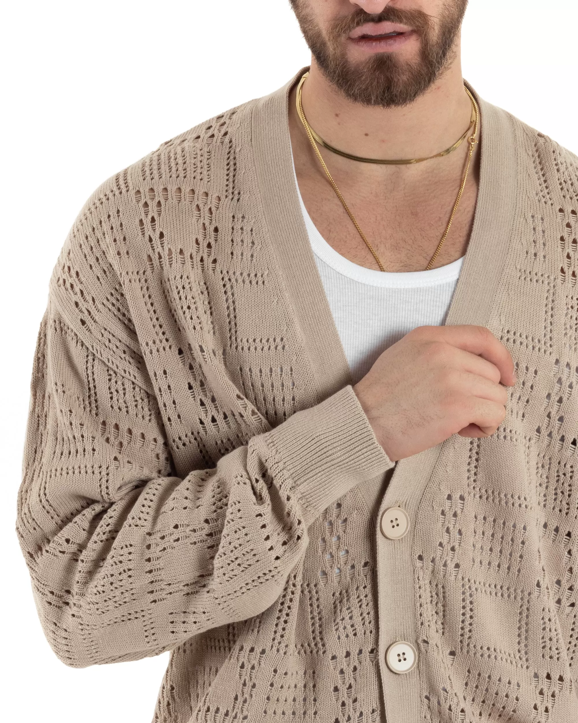 Cardigan Uomo Maglioncino Traforato Scollo V Maglia Bucata Giacca Con Bottoni Beige Casual GIOSAL-M2813A