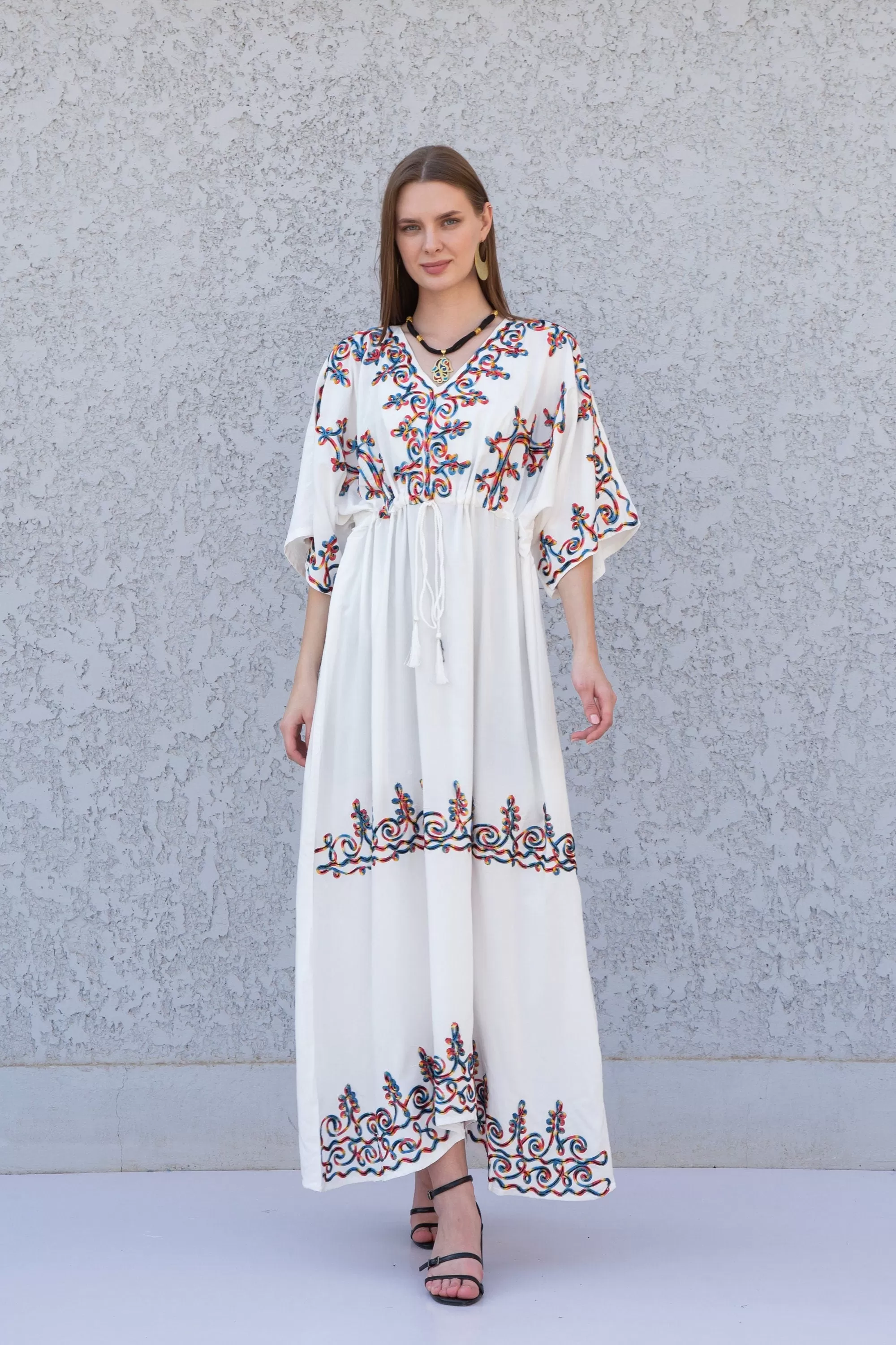 Chic white embroidered kaftan dress, house dress, African women clothing, Boho, caftans for women, caftans, kaftans, house kaftan