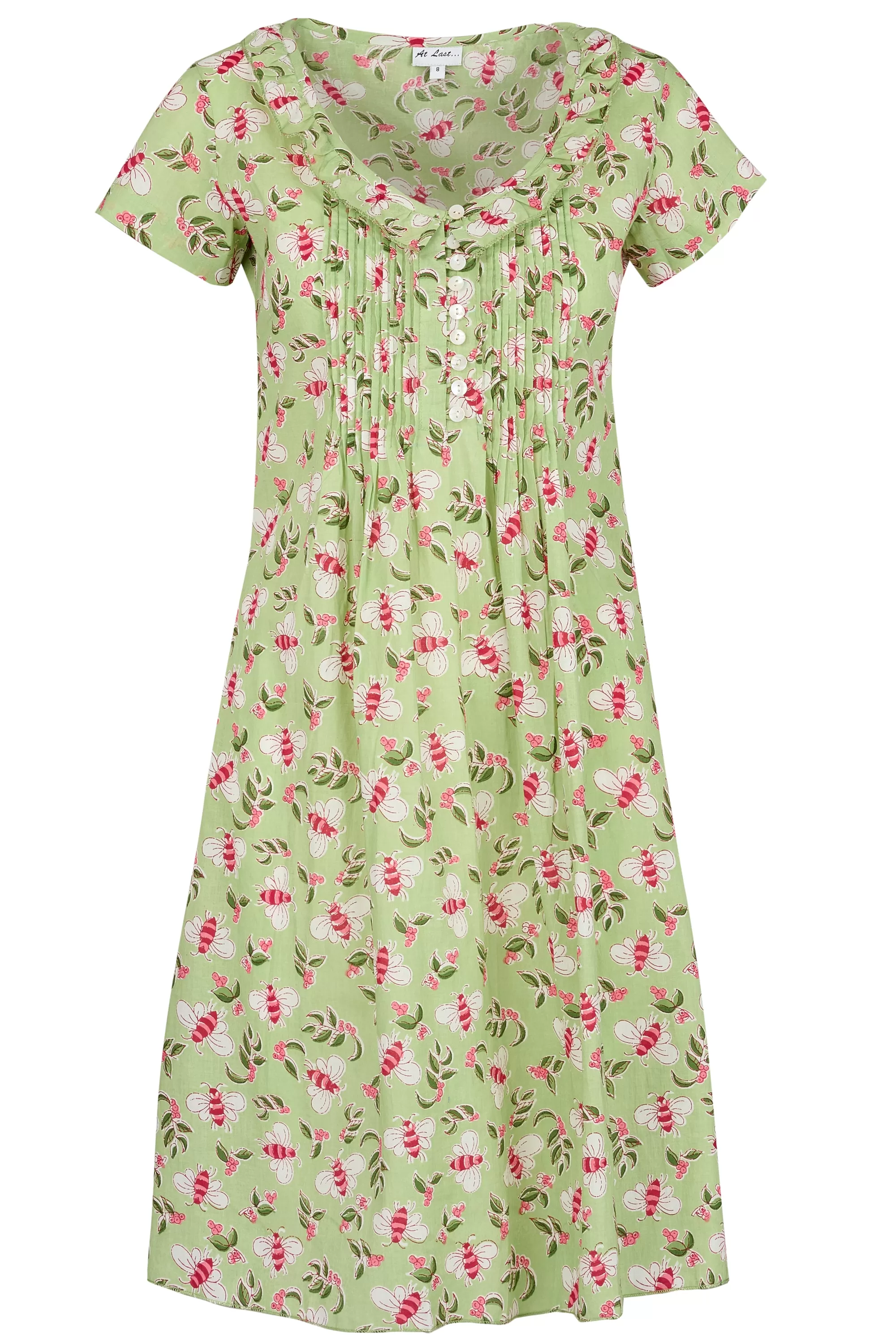 Cotton Karen Short Sleeve Day Dress in Pistachio with Pink Busy Bees