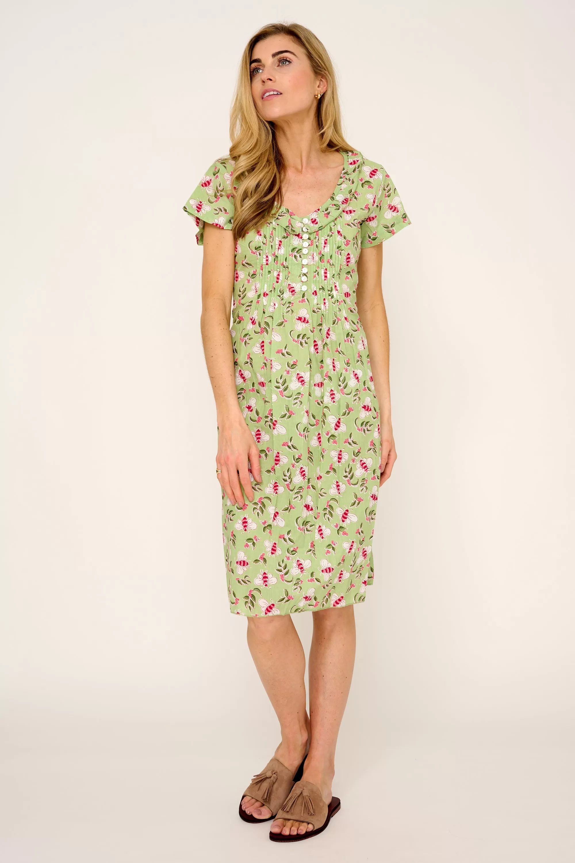 Cotton Karen Short Sleeve Day Dress in Pistachio with Pink Busy Bees