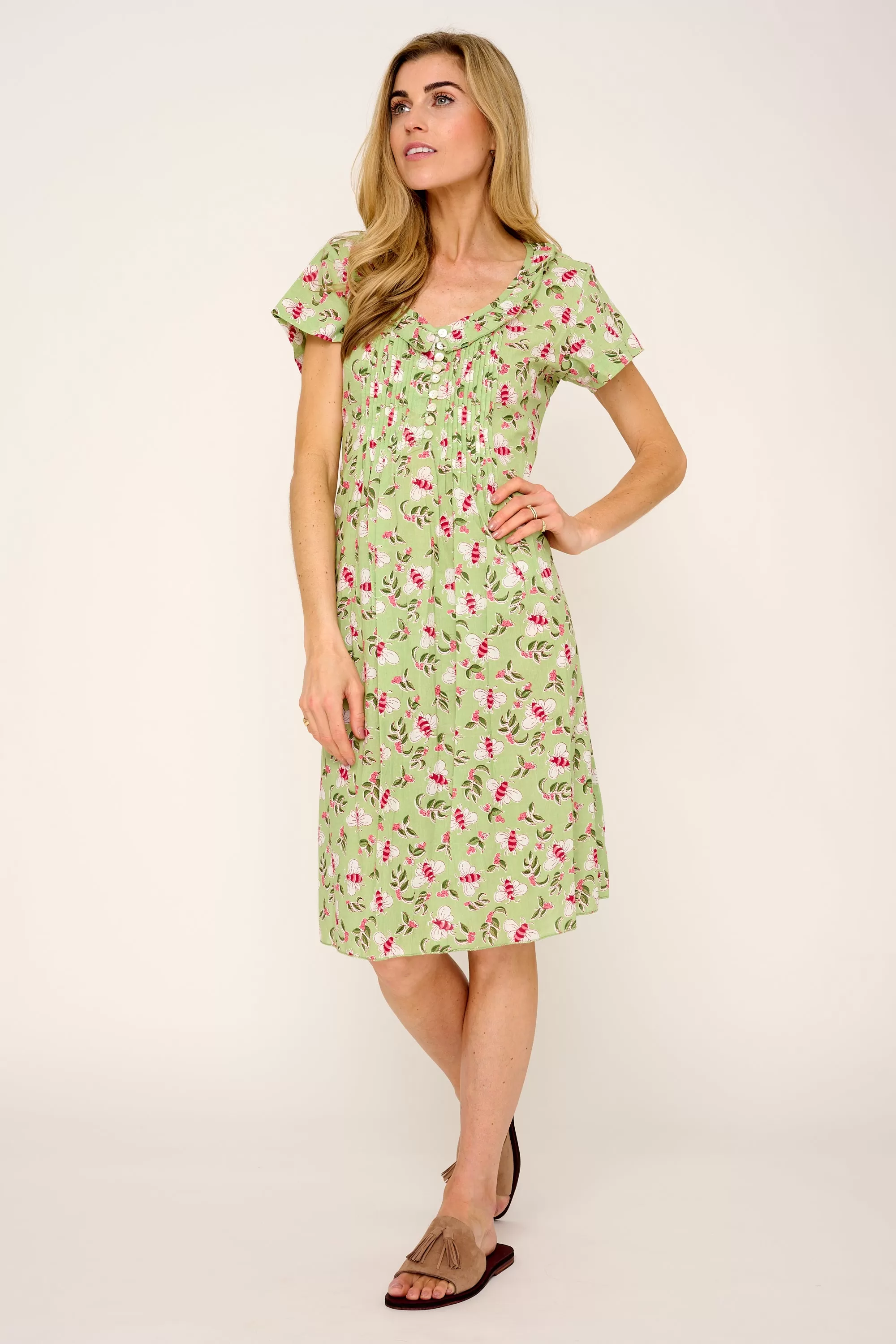 Cotton Karen Short Sleeve Day Dress in Pistachio with Pink Busy Bees