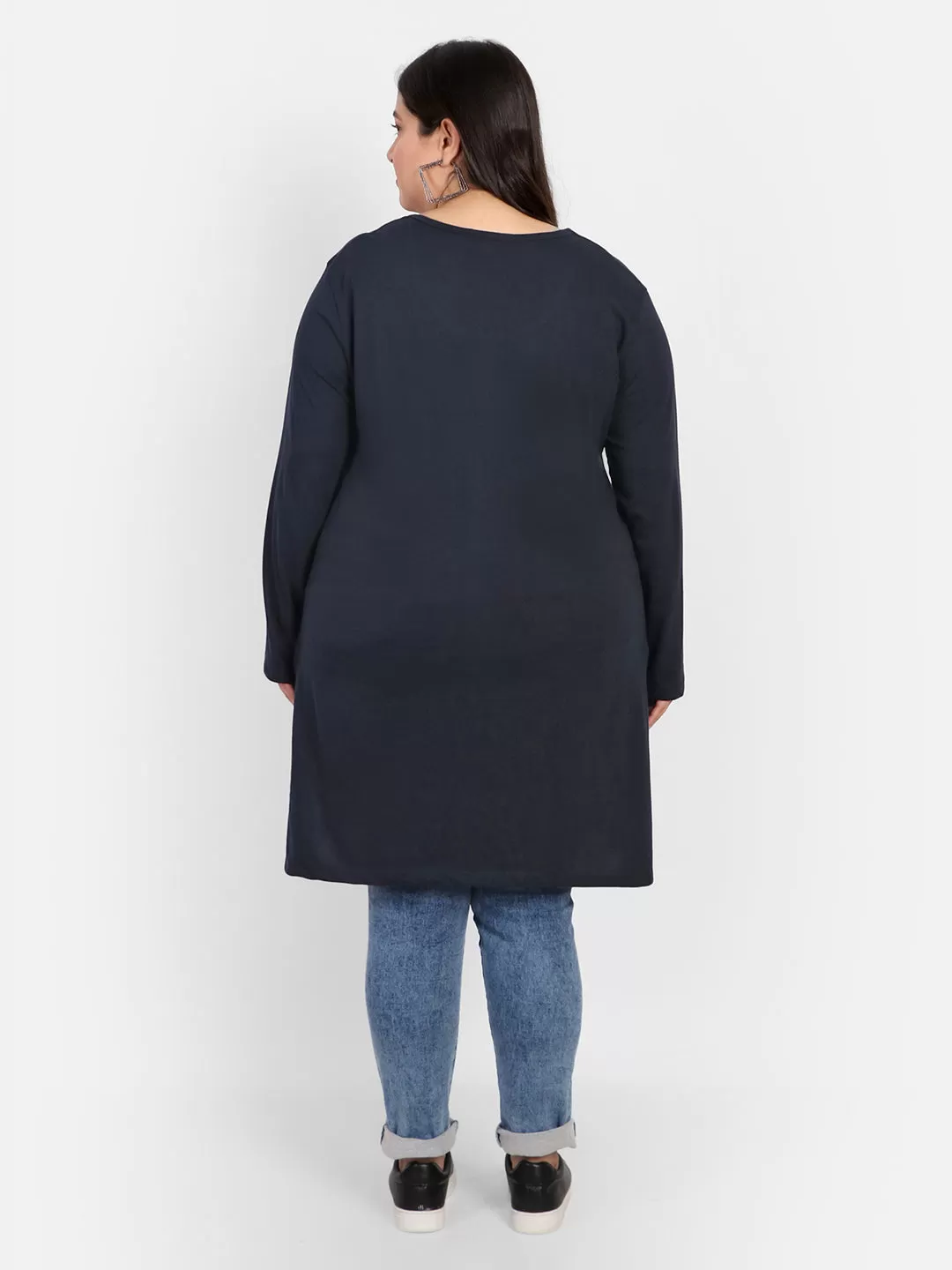 Cotton Long Top for Women Plus Size - Full Sleeve - Navy Blue