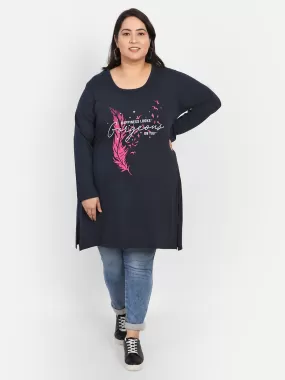 Cotton Long Top for Women Plus Size - Full Sleeve - Navy Blue