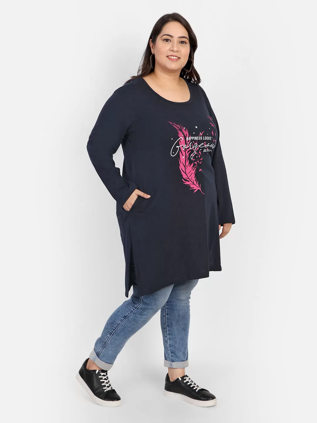 Cotton Long Top for Women Plus Size - Full Sleeve - Navy Blue