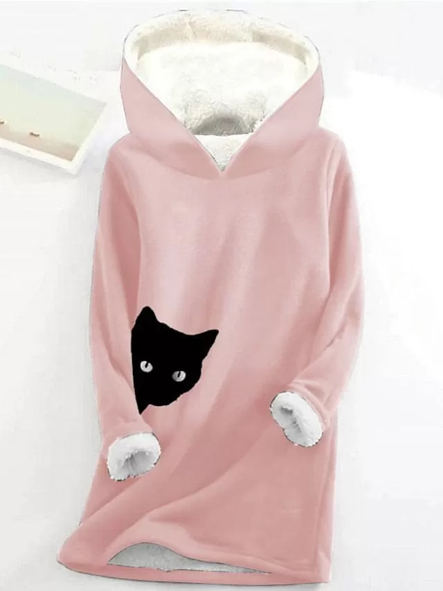 Cozy Cat Print Fleece-Lined Women's Hoodie Sweatshirt