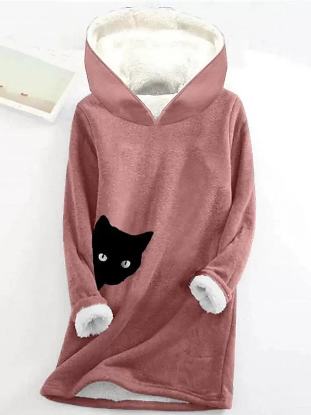 Cozy Cat Print Fleece-Lined Women's Hoodie Sweatshirt