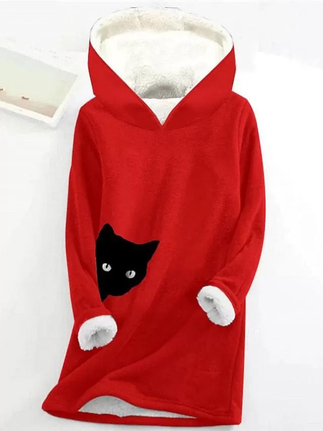 Cozy Cat Print Fleece-Lined Women's Hoodie Sweatshirt