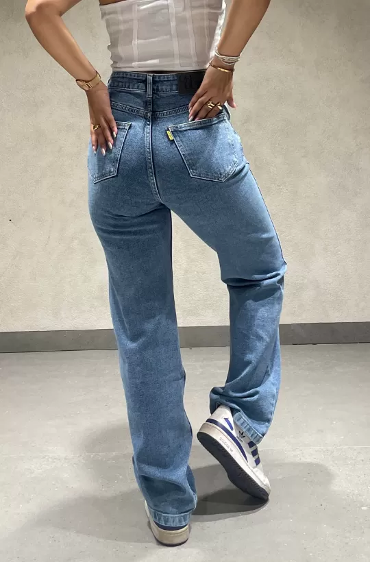 Cross Belt Double Patched Straight Leg High Waist Jeans