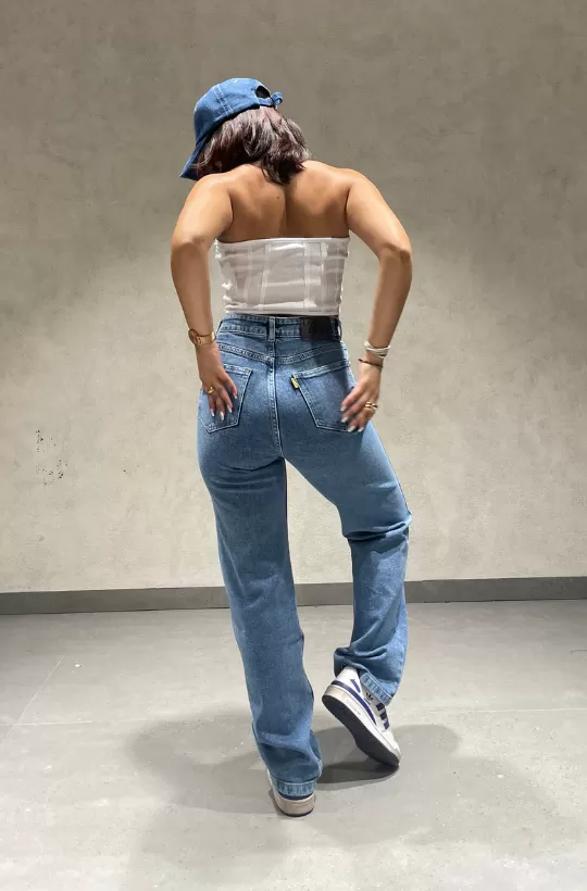 Cross Belt Double Patched Straight Leg High Waist Jeans