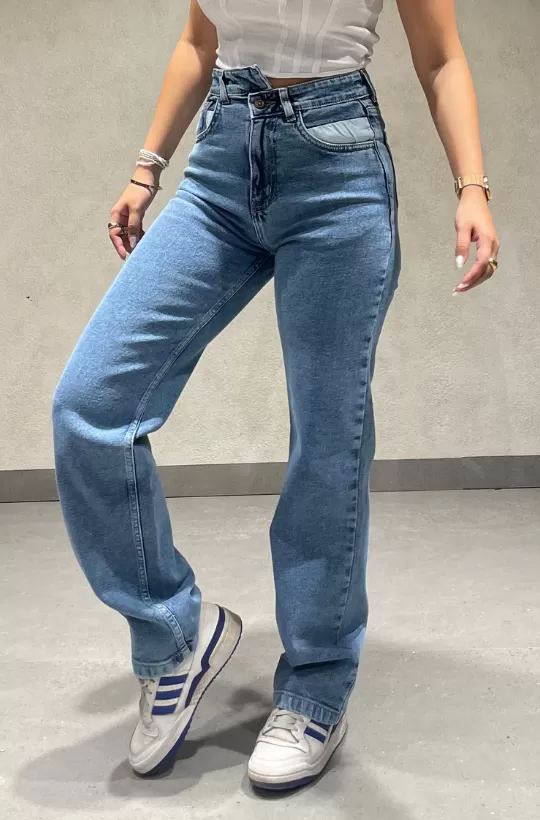 Cross Belt Double Patched Straight Leg High Waist Jeans