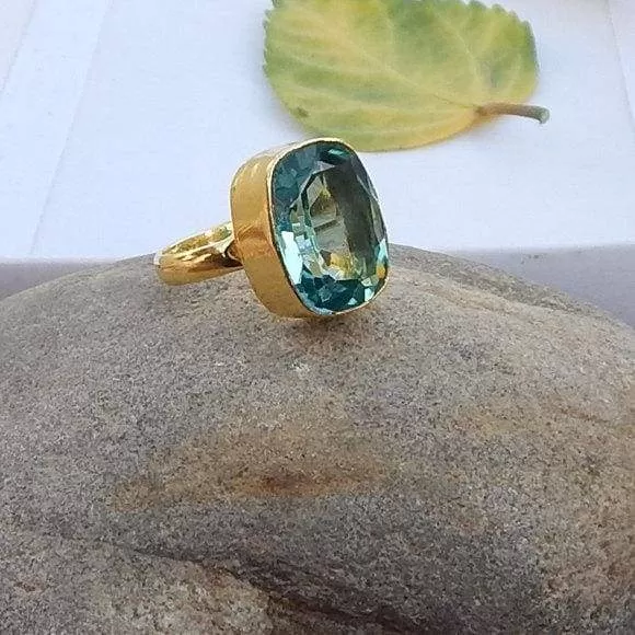 Cushion Cut Green Apatite Quartz 925 Sterling silver Ring, 22K Yellow Gold Filled, 22K Rose Gold Filled Ring