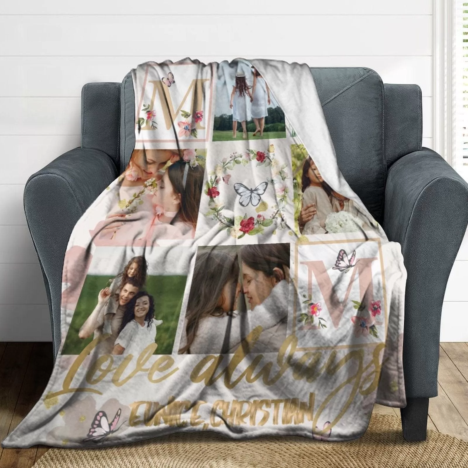 Custom Photo&Name Flowers Mom Anti-pilling Flannel Blanket Personalized Mother's Day Blanket Gifts For Best Mom And Grandma