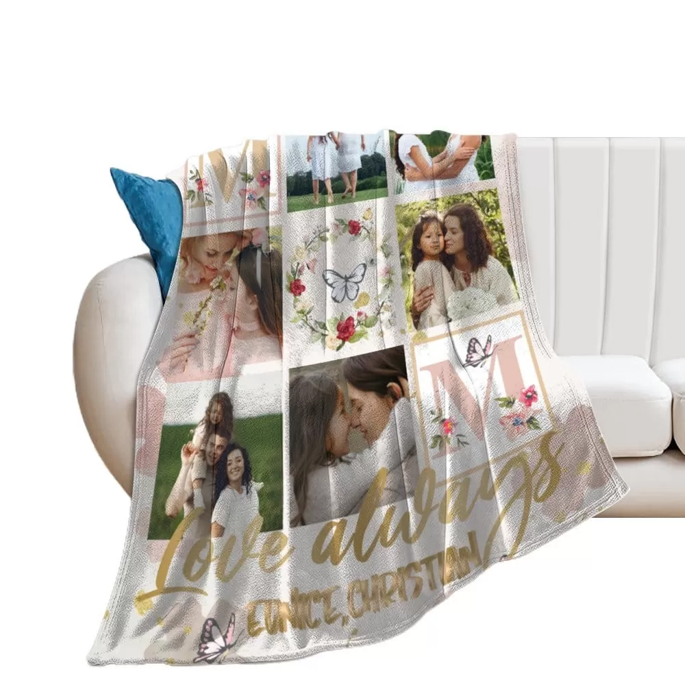 Custom Photo&Name Flowers Mom Anti-pilling Flannel Blanket Personalized Mother's Day Blanket Gifts For Best Mom And Grandma