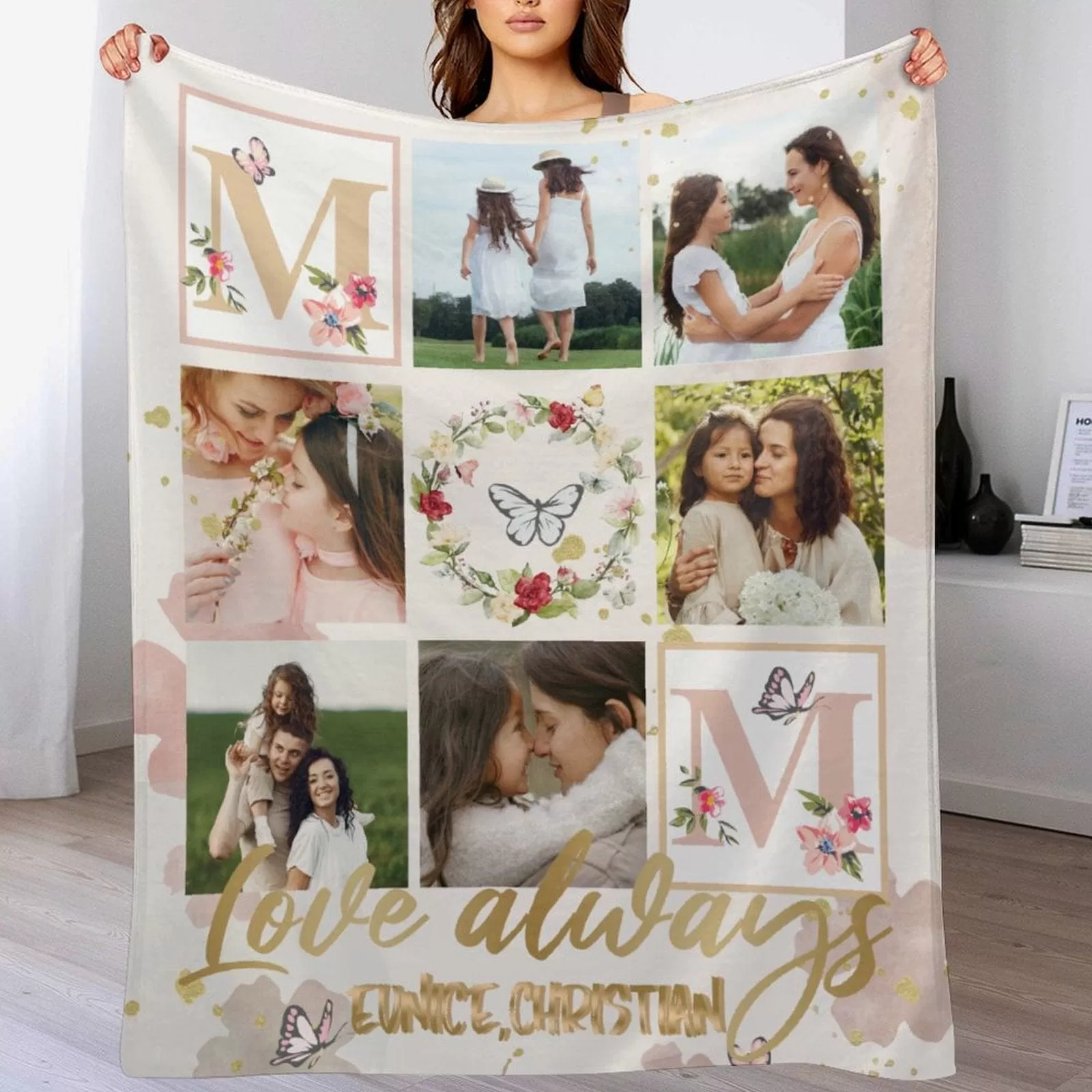 Custom Photo&Name Flowers Mom Anti-pilling Flannel Blanket Personalized Mother's Day Blanket Gifts For Best Mom And Grandma