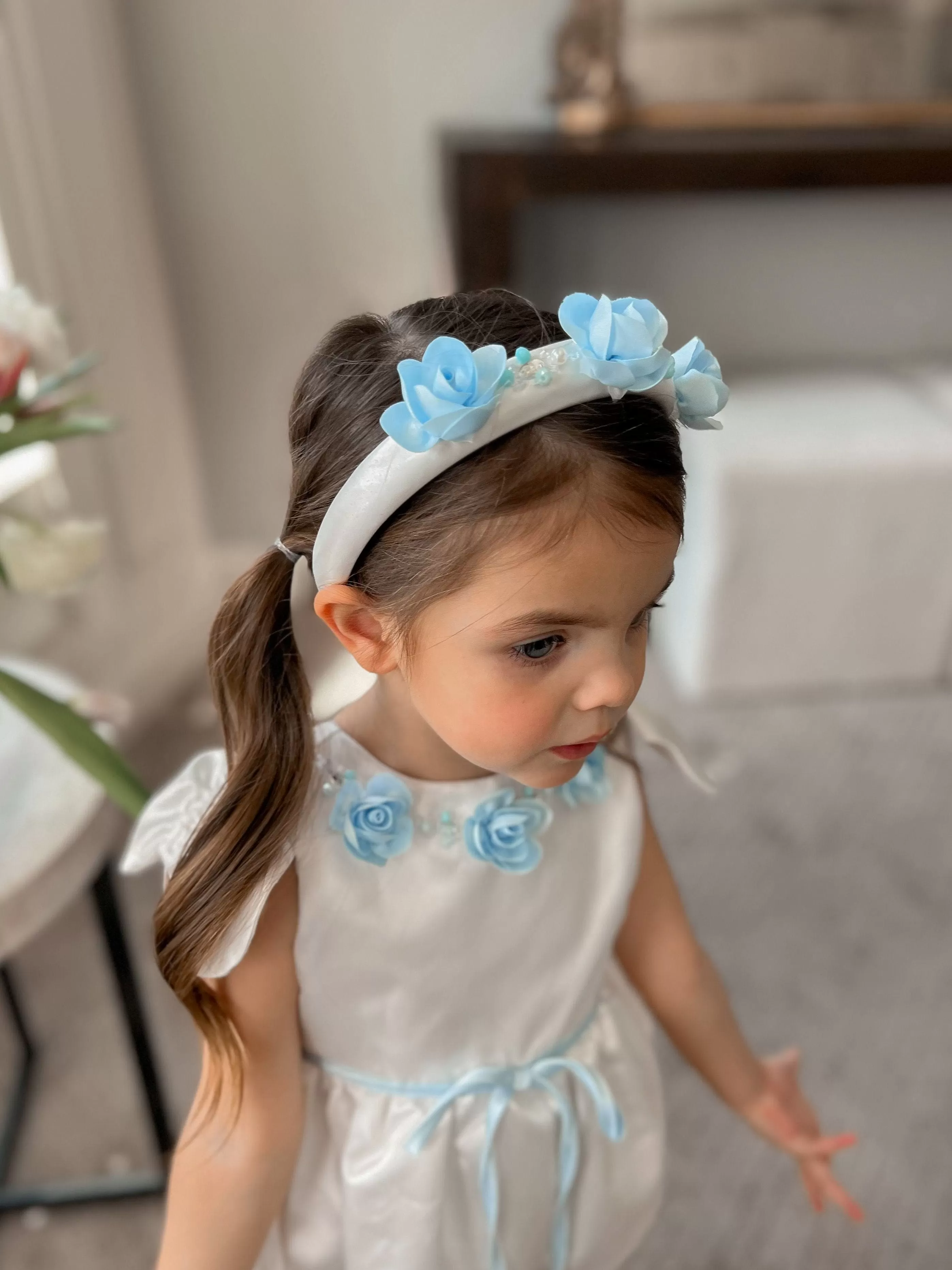 Daphne White Satin Headband with Blue Embroidery