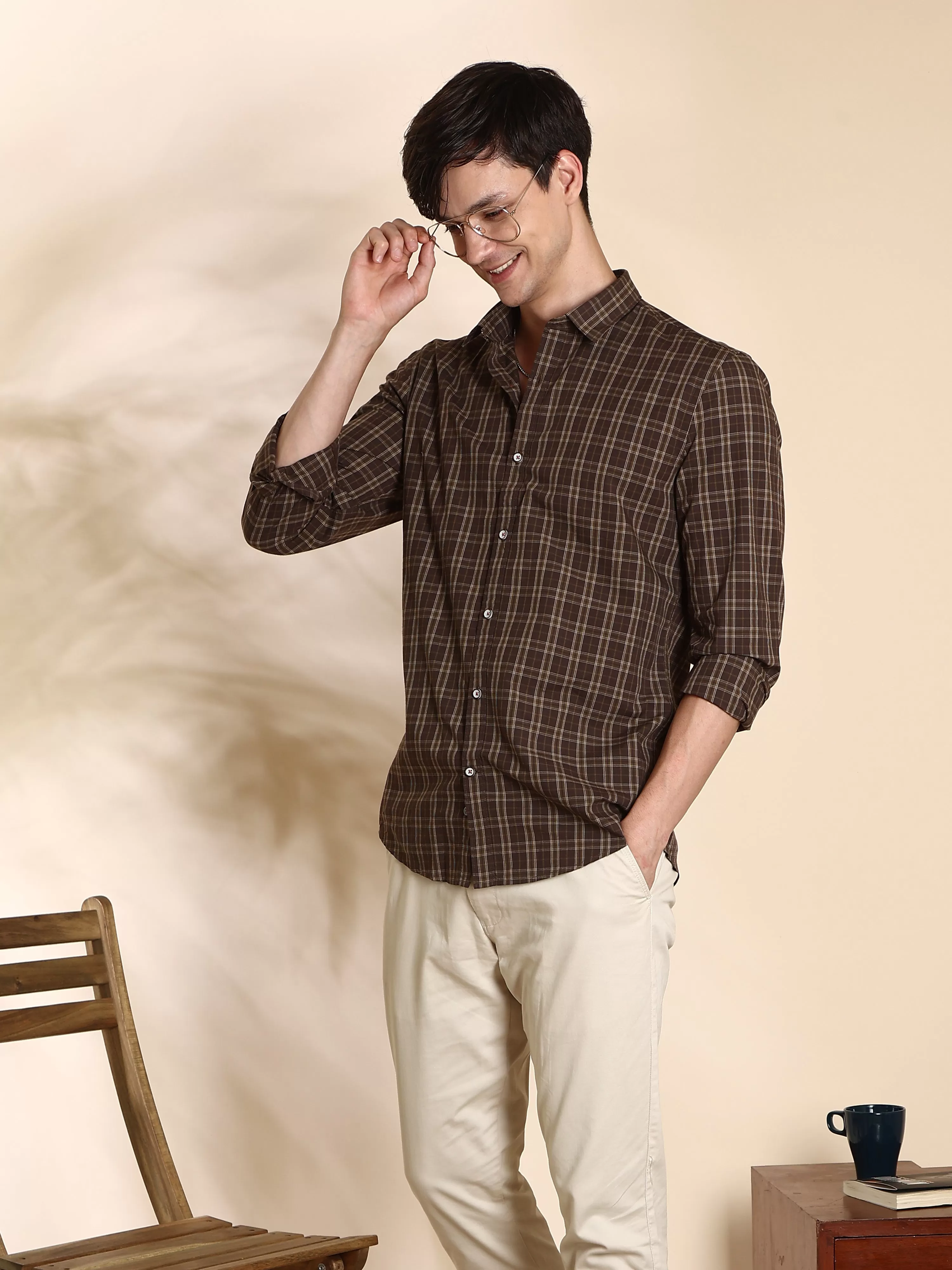 Dark Brown Check Semi Casual Full Sleeve Shirt