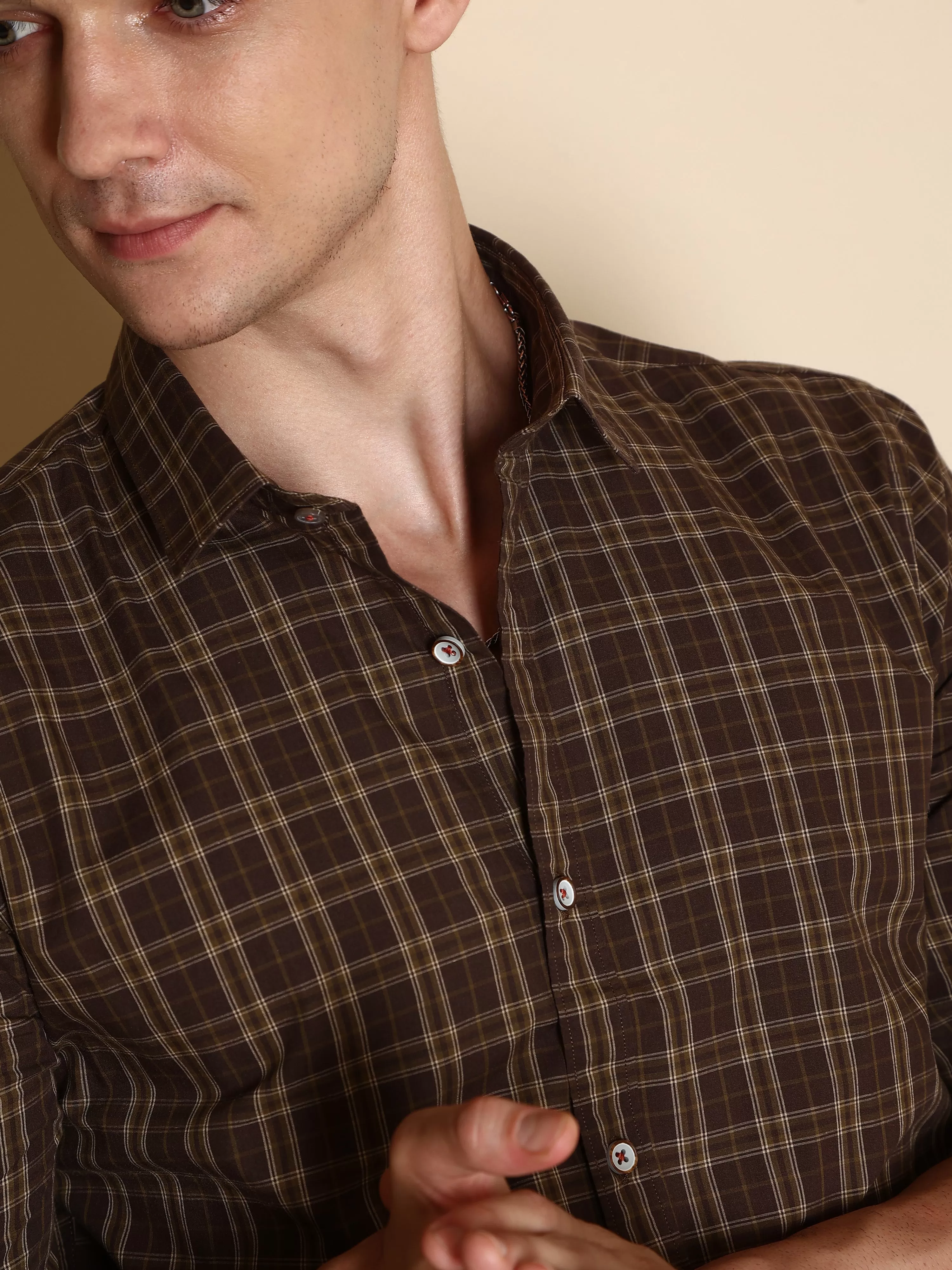 Dark Brown Check Semi Casual Full Sleeve Shirt