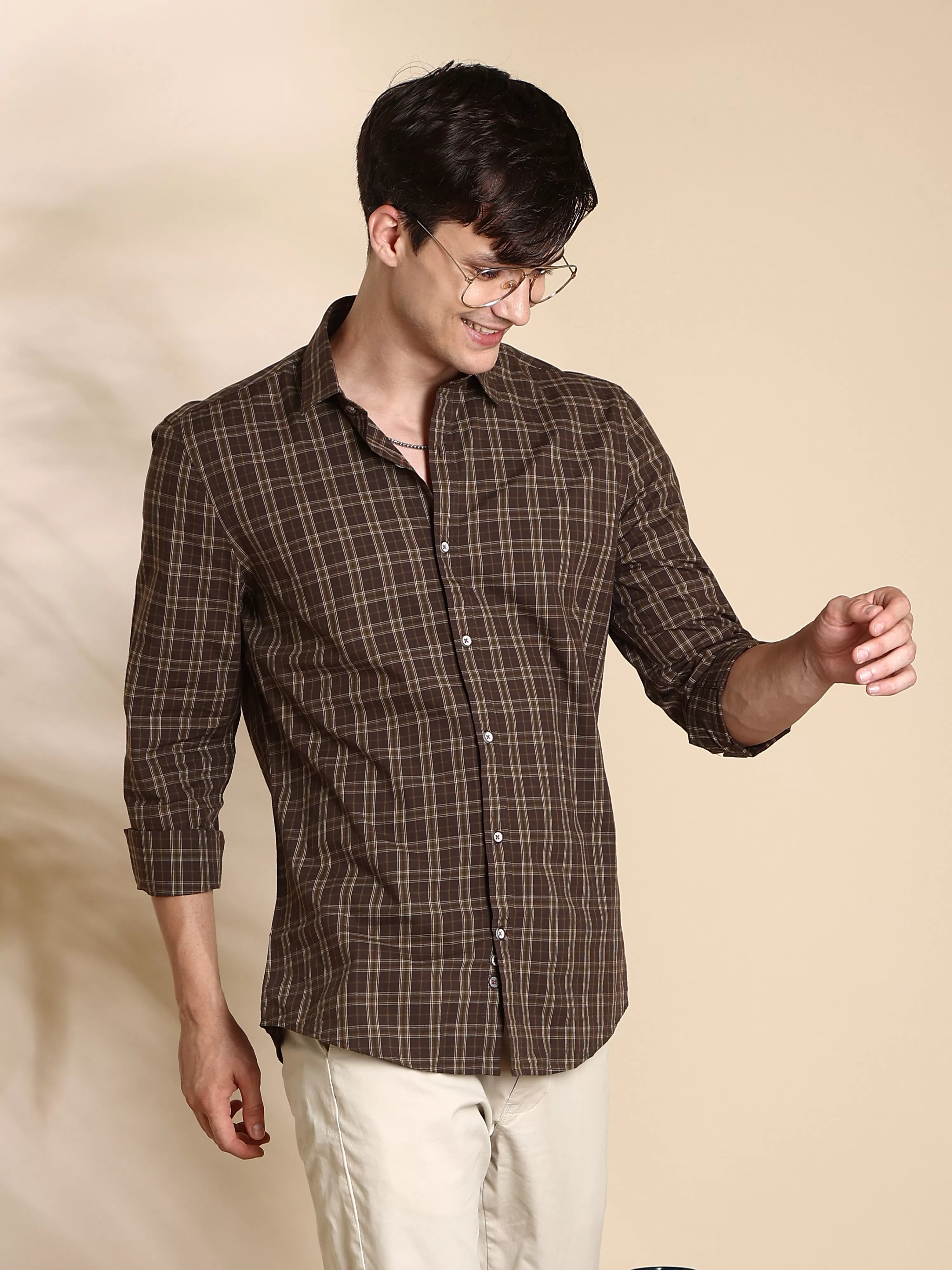 Dark Brown Check Semi Casual Full Sleeve Shirt