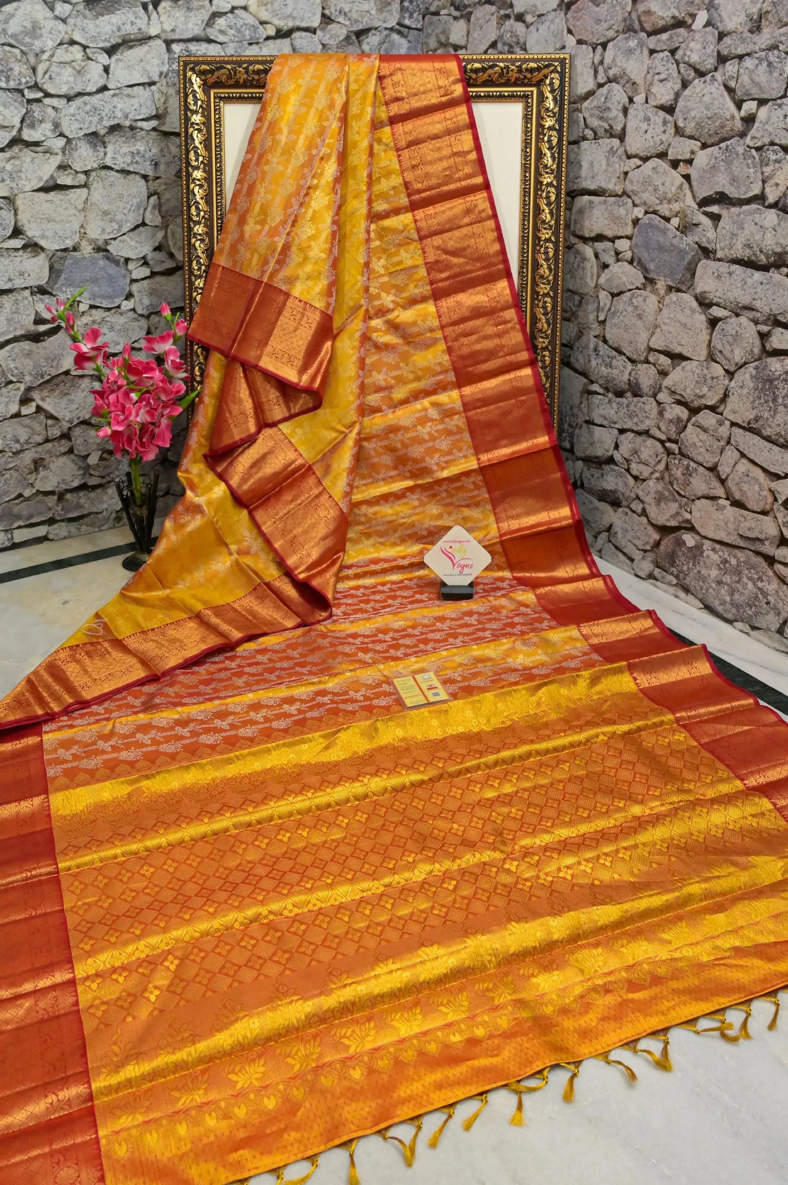 Dark Golden Color Pure Kanjeevaram Silk Saree with Pure Gold Zari Work