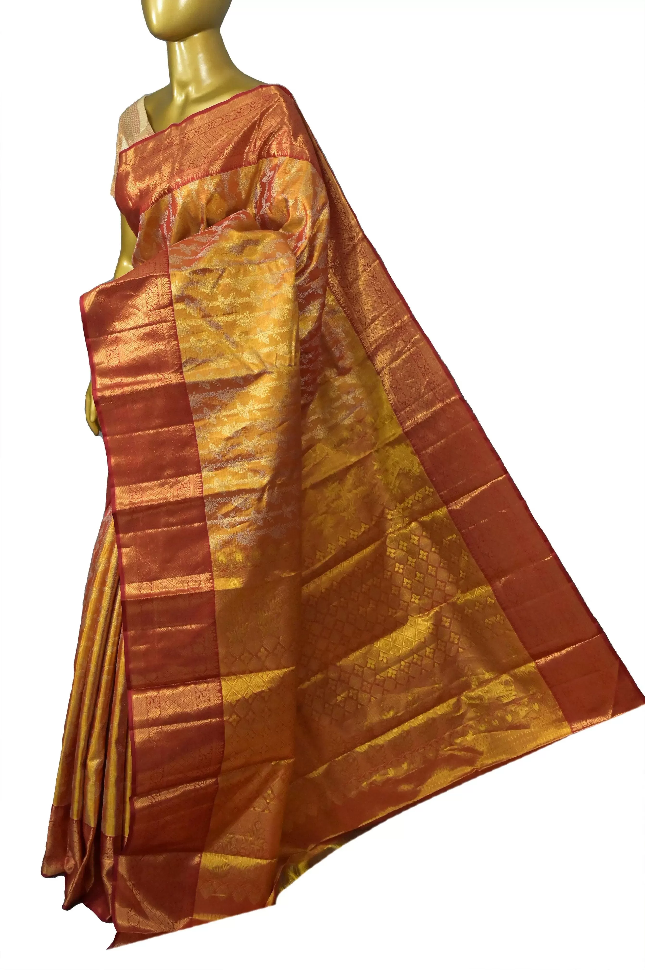 Dark Golden Color Pure Kanjeevaram Silk Saree with Pure Gold Zari Work