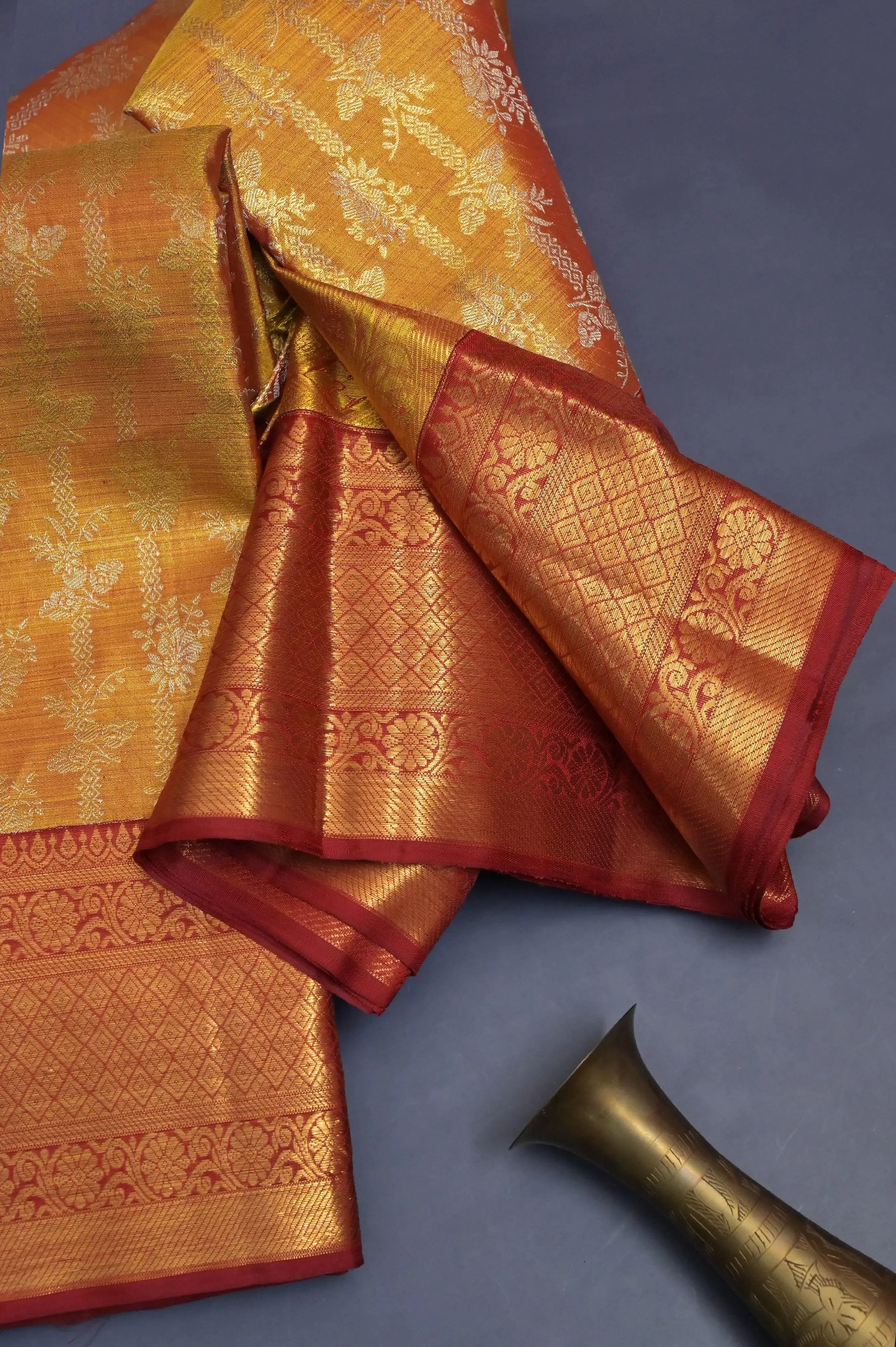 Dark Golden Color Pure Kanjeevaram Silk Saree with Pure Gold Zari Work