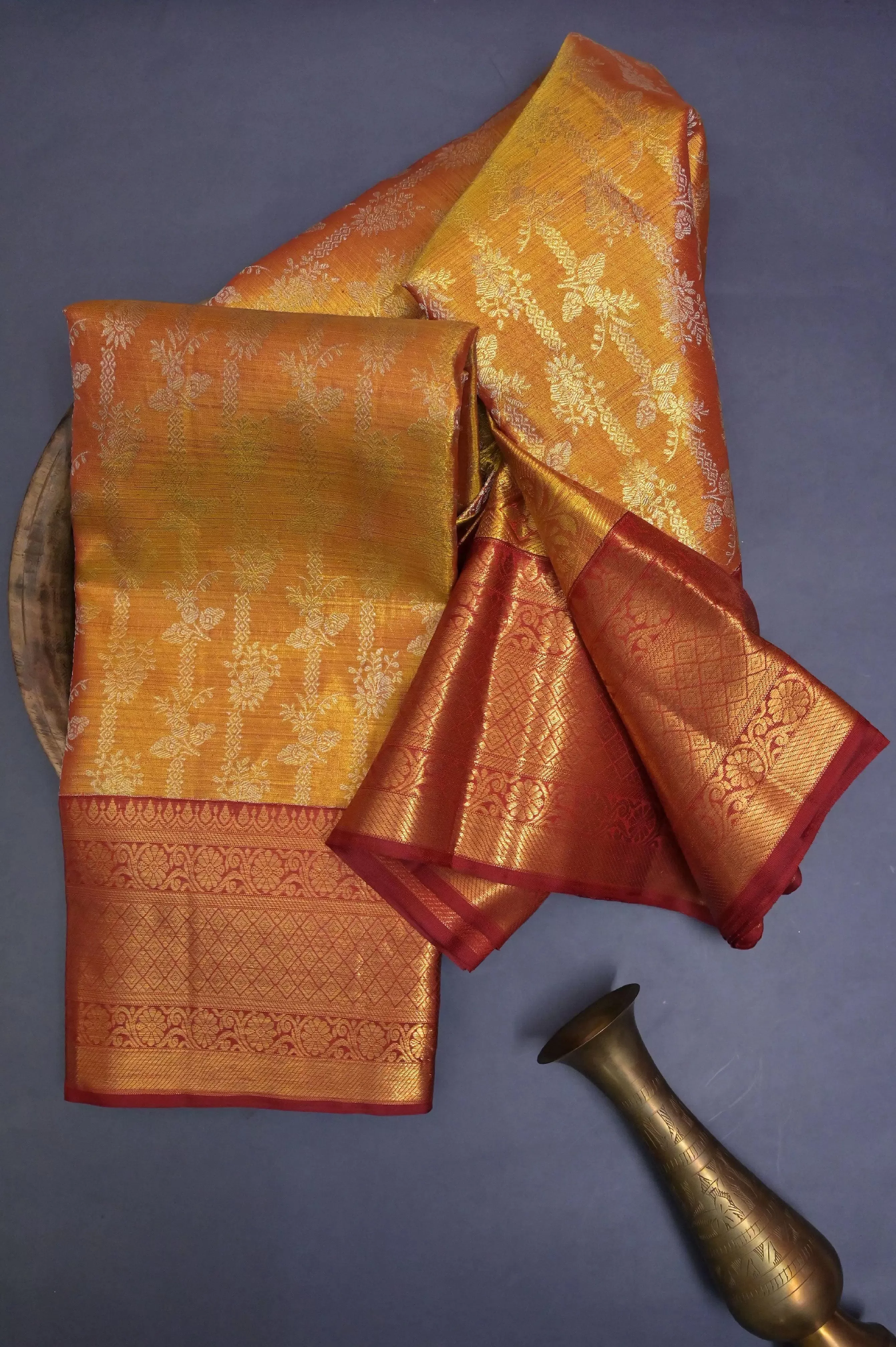 Dark Golden Color Pure Kanjeevaram Silk Saree with Pure Gold Zari Work