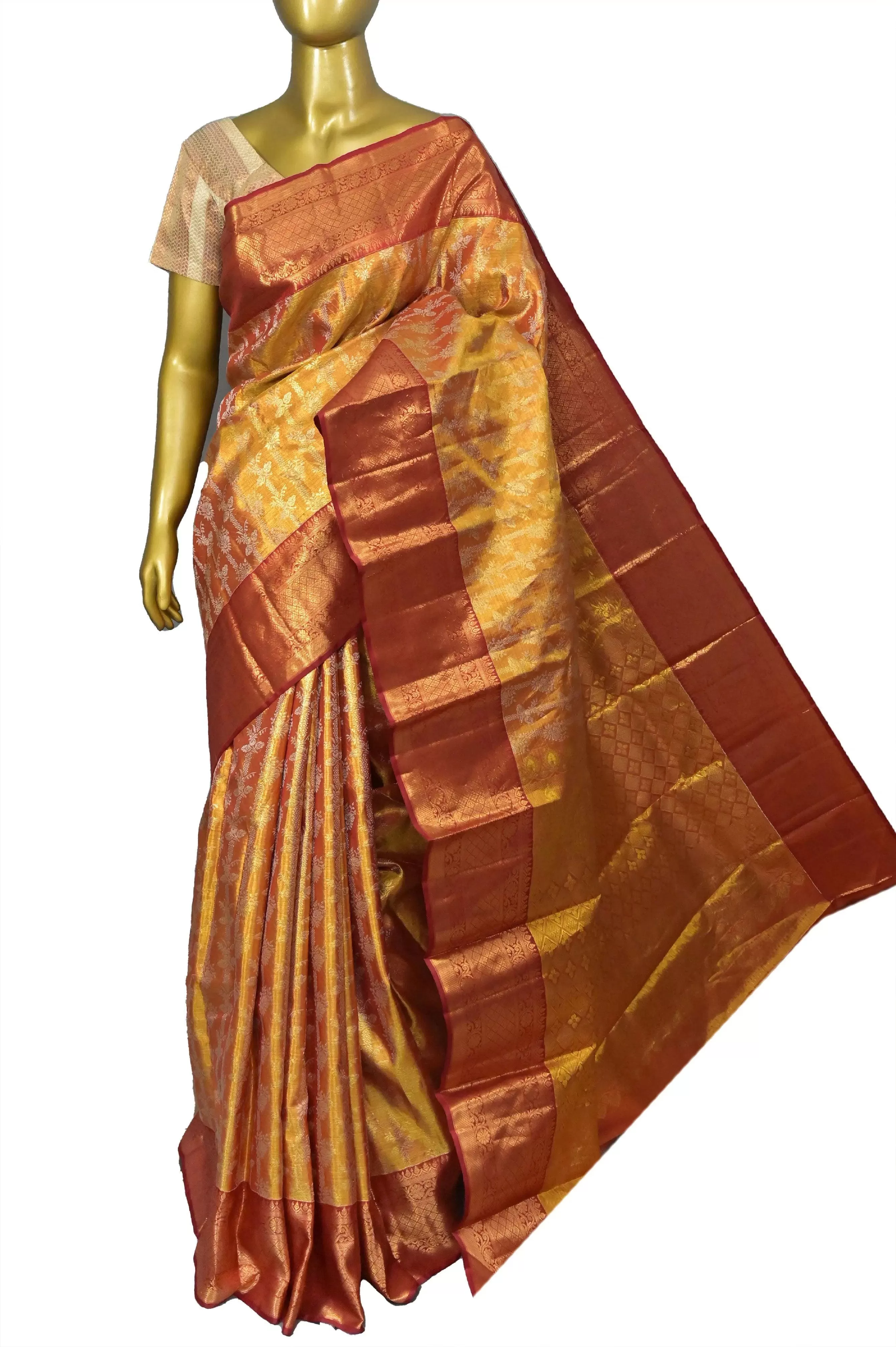 Dark Golden Color Pure Kanjeevaram Silk Saree with Pure Gold Zari Work