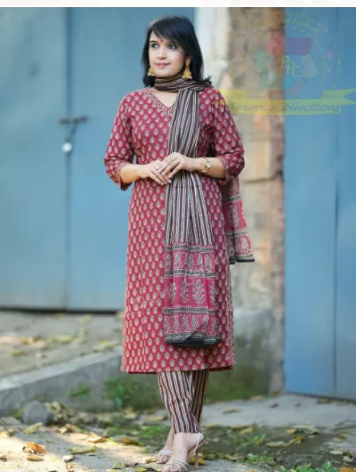 Dark Pink  Cotton Ajrakh Straight Salwar Suit