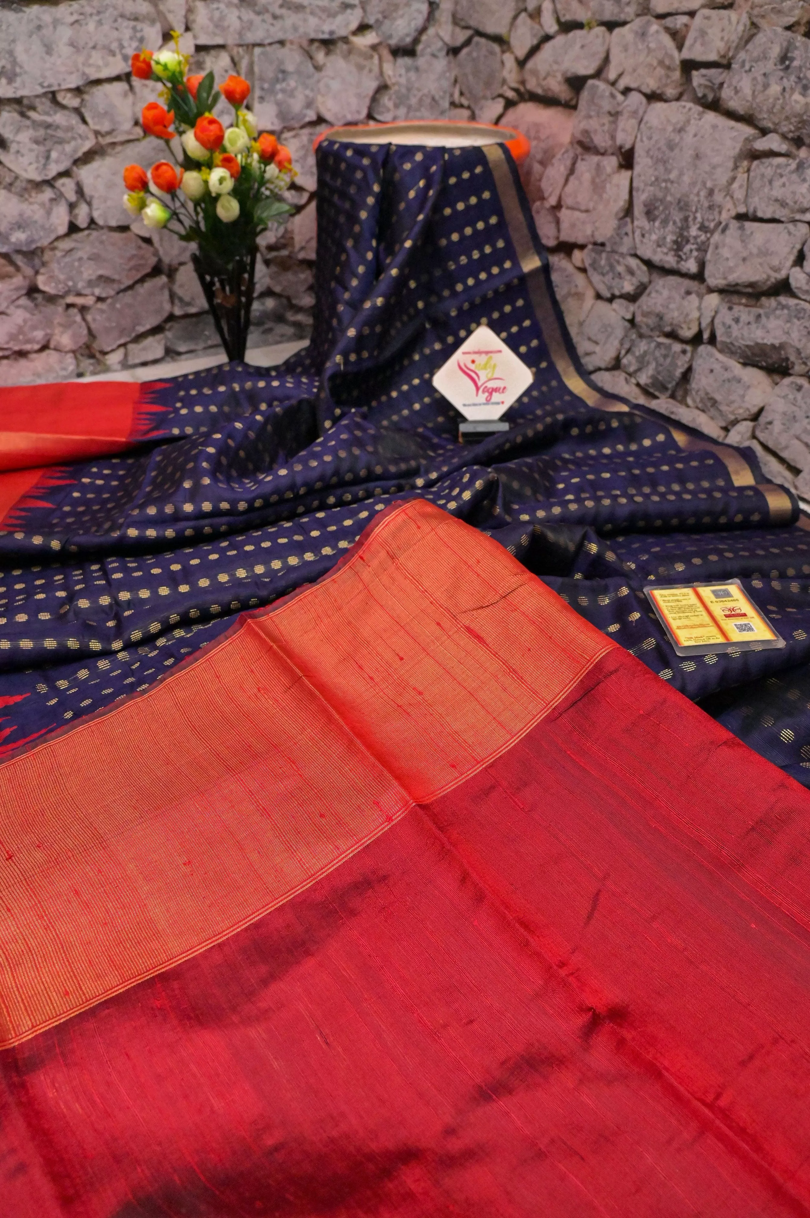 Deep Navy Blue and Red Raw Silk Saree with Zari Buti