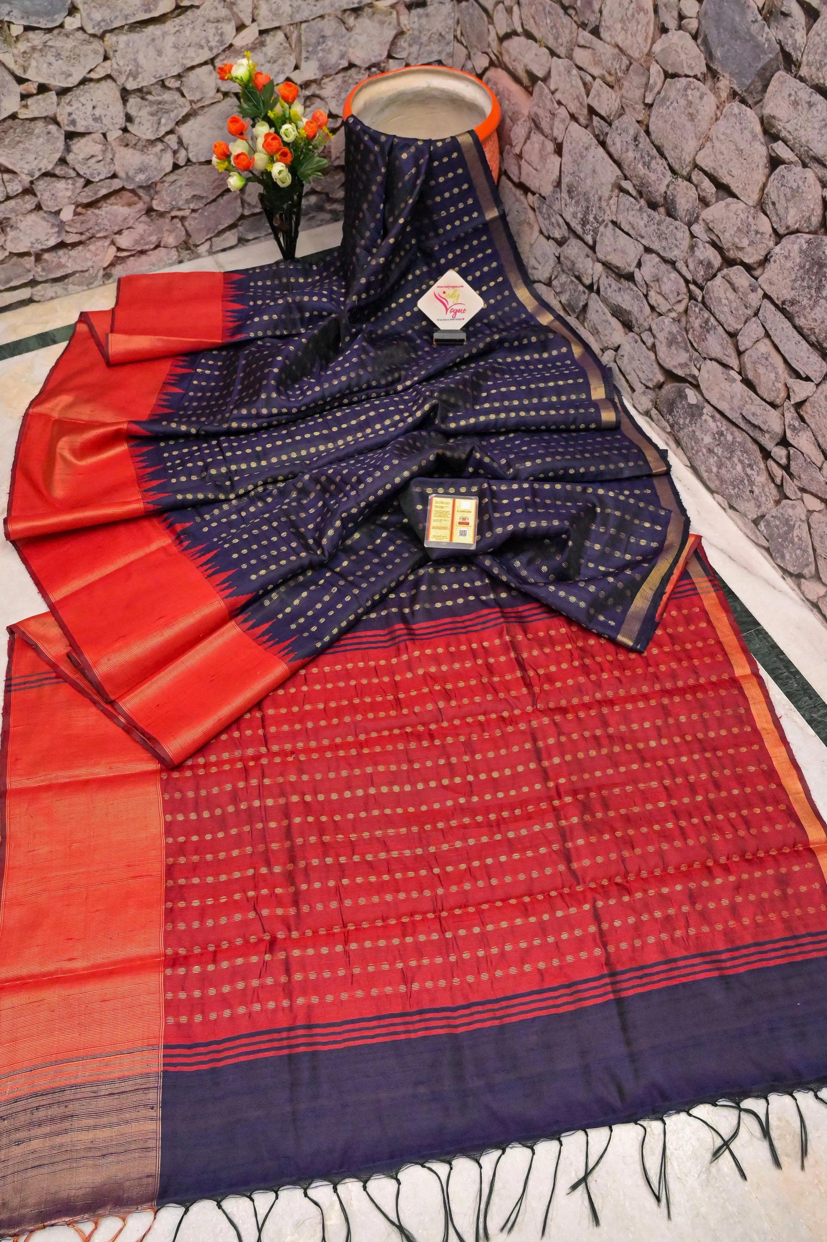 Deep Navy Blue and Red Raw Silk Saree with Zari Buti