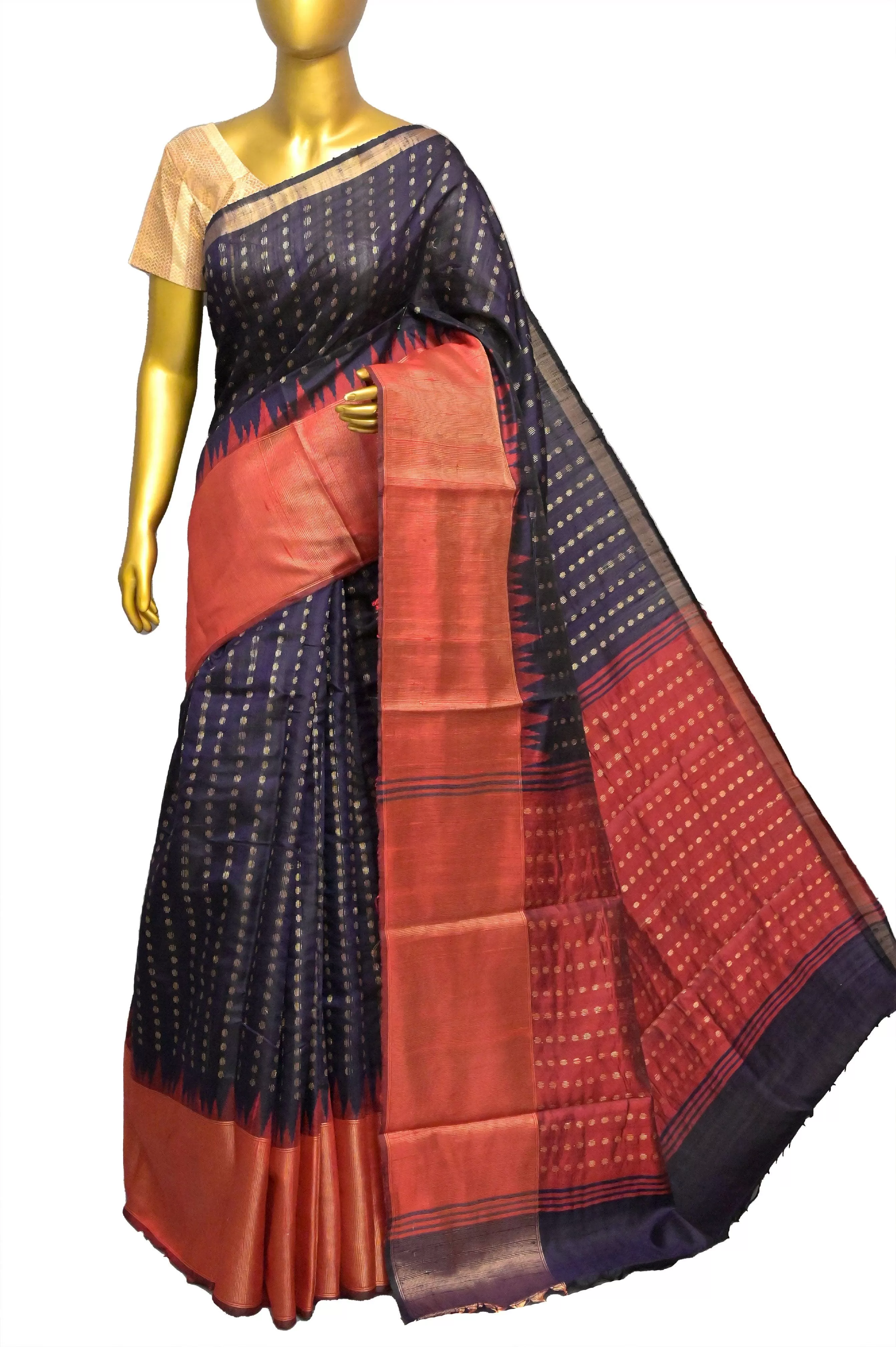 Deep Navy Blue and Red Raw Silk Saree with Zari Buti