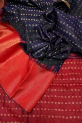 Deep Navy Blue and Red Raw Silk Saree with Zari Buti