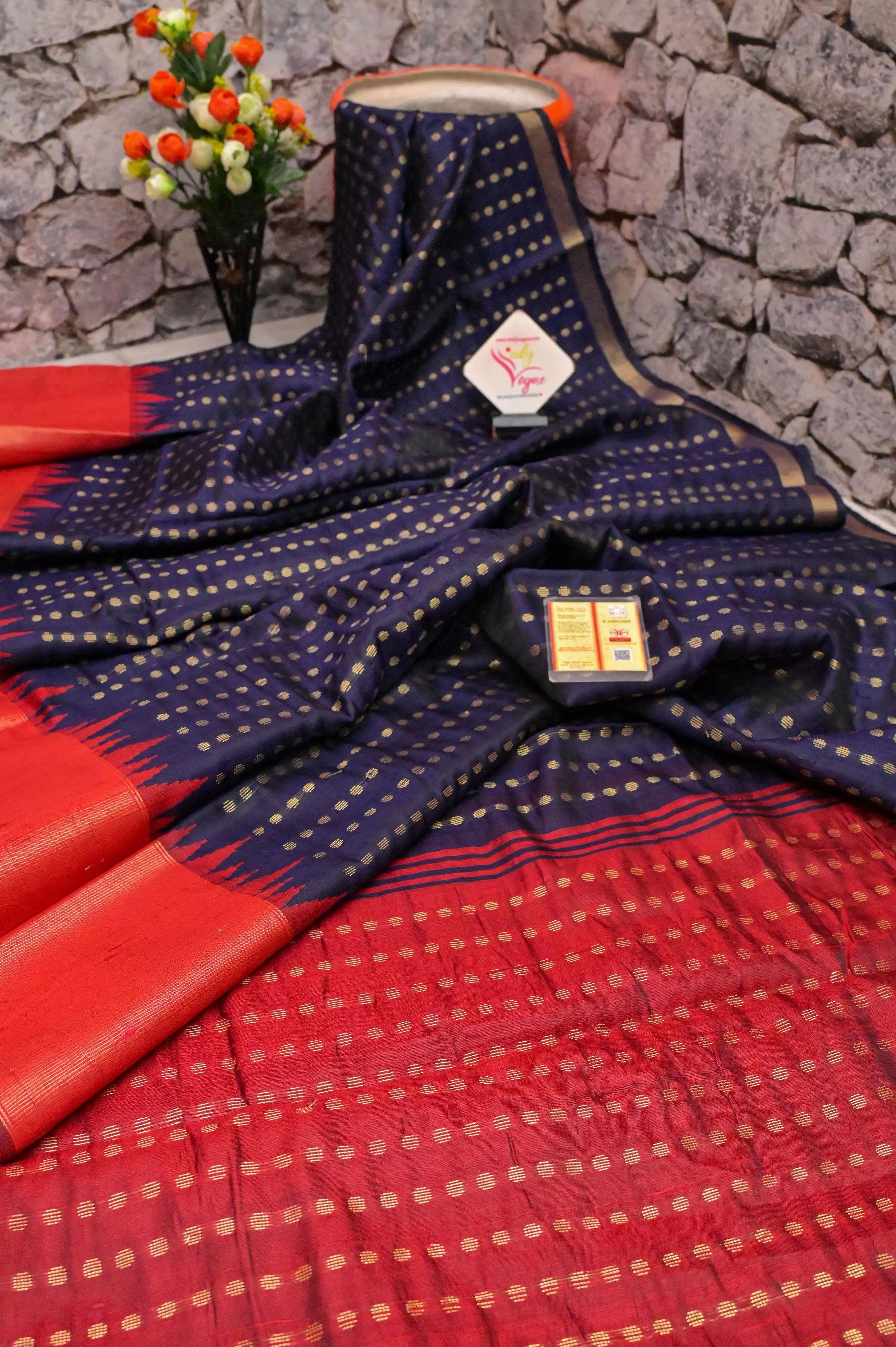 Deep Navy Blue and Red Raw Silk Saree with Zari Buti