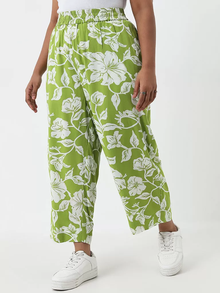 Diza Green Floral Printed Mid-Rise Cotton Ethnic Pants