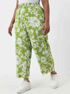 Diza Green Floral Printed Mid-Rise Cotton Ethnic Pants