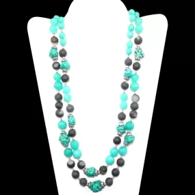 Double Strands Beaded Necklace Ithaca Peak Turquoise & Black Druzy Beads Blue Agate 925 Sterling Silver Handmade