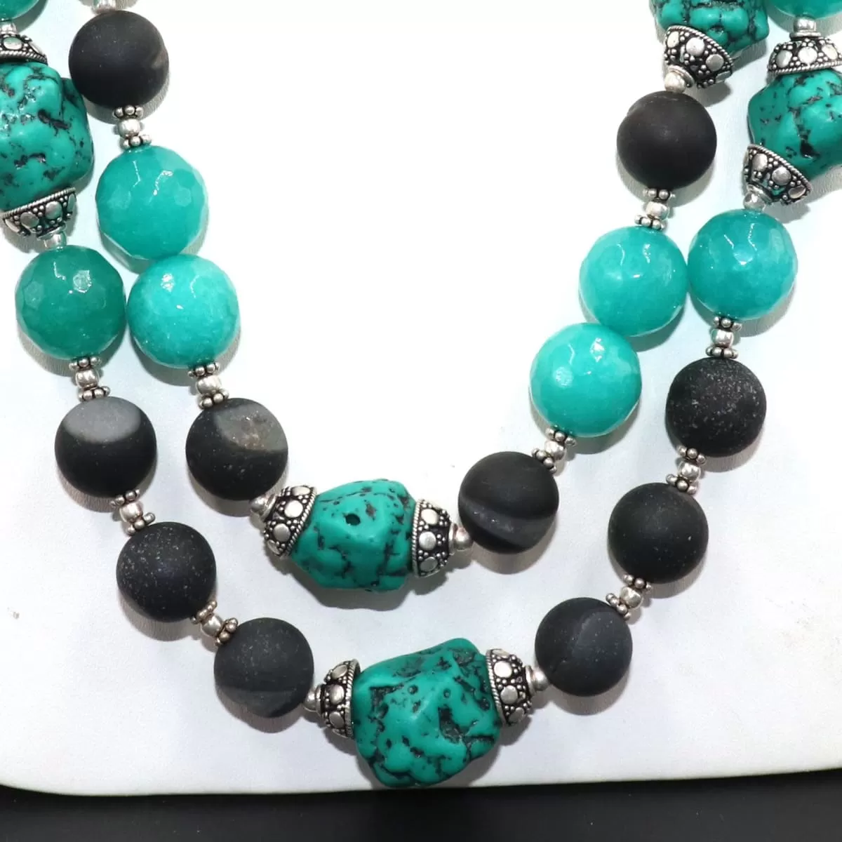 Double Strands Beaded Necklace Ithaca Peak Turquoise & Black Druzy Beads Blue Agate 925 Sterling Silver Handmade